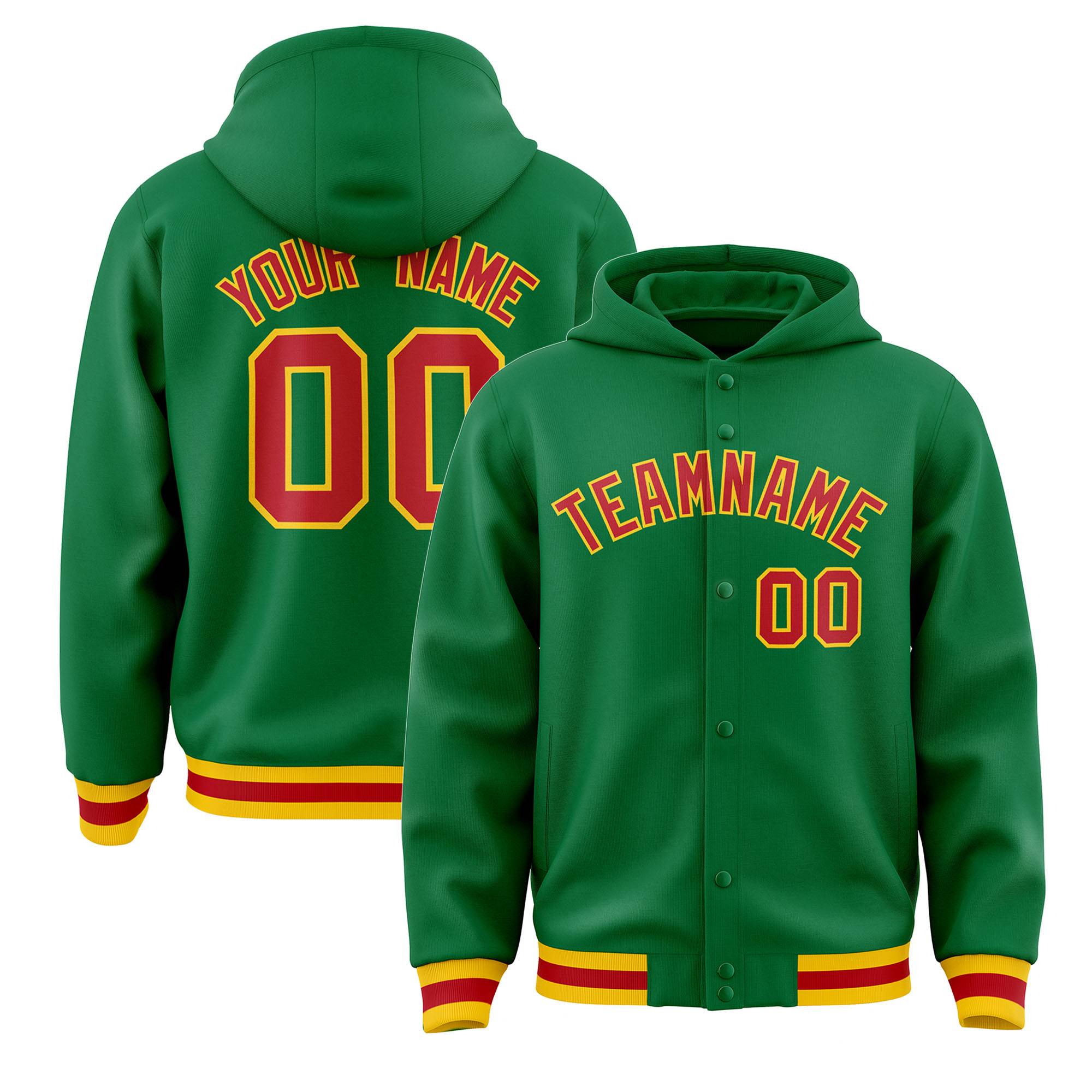 Custom Kelly Green Red-Gold Varsity Full-Snap Letterman Classic Jacket Hoodie| KXKSHOP