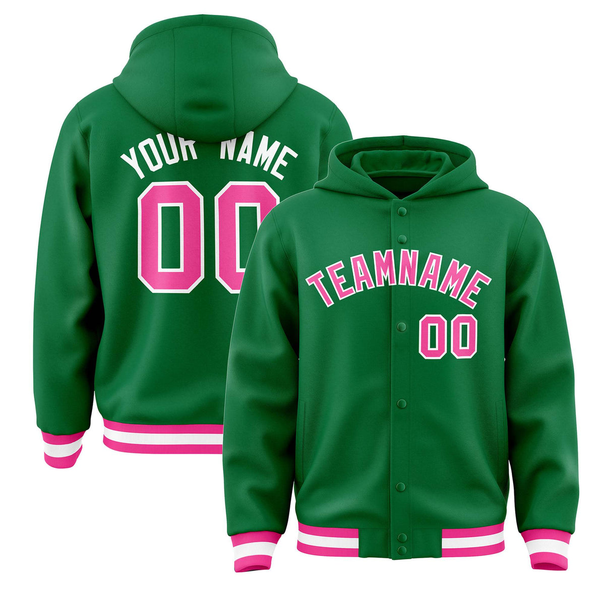 Custom Kelly Green Pink-White Varsity Full-Snap Letterman Classic Jacket Hoodie| KXKSHOP