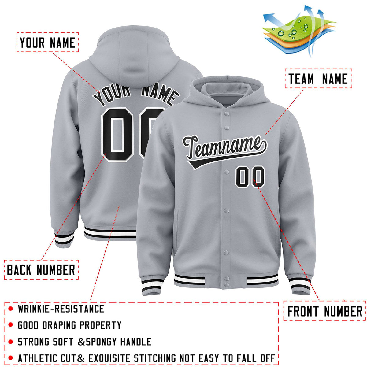 Custom Gray Black-White Varsity Full-Snap Letterman Classic Jacket Hoodie| KXKSHOP