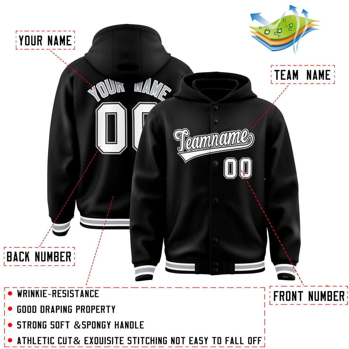 Custom Black White-Black Varsity Full-Snap Letterman Classic Jacket Hoodie| KXKSHOP