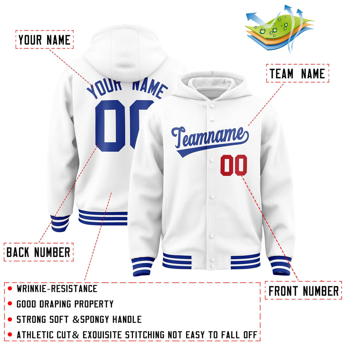 Custom White Royal Varsity Full-Snap Letterman Classic Jacket Hoodie| KXKSHOP