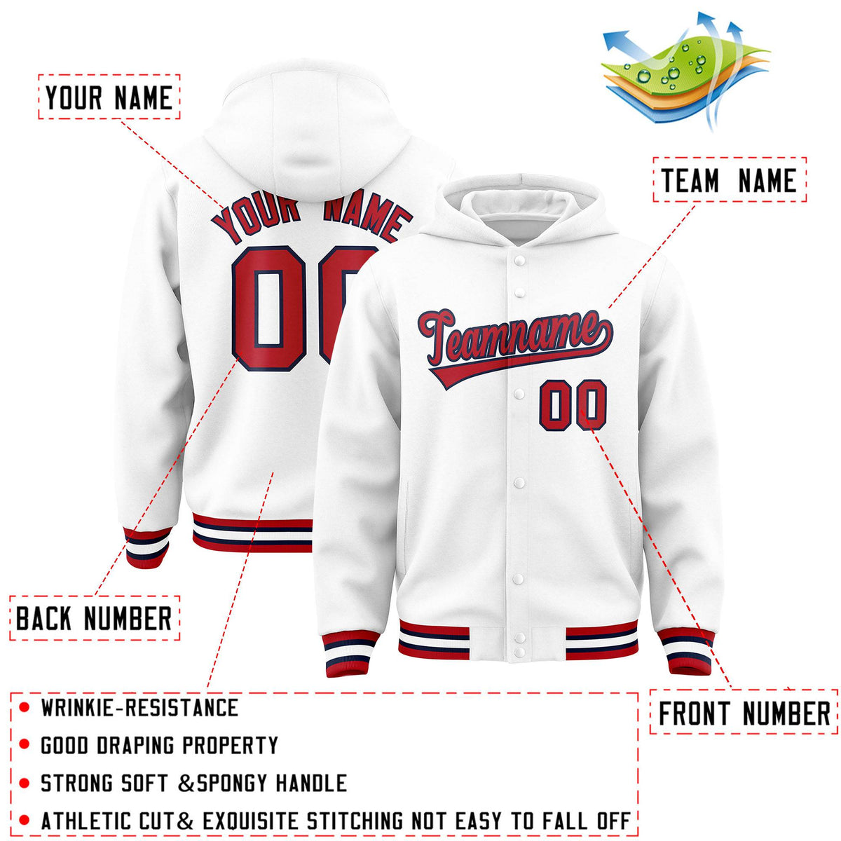 Custom White Red-Navy Varsity Full-Snap Letterman Classic Jacket Hoodie| KXKSHOP