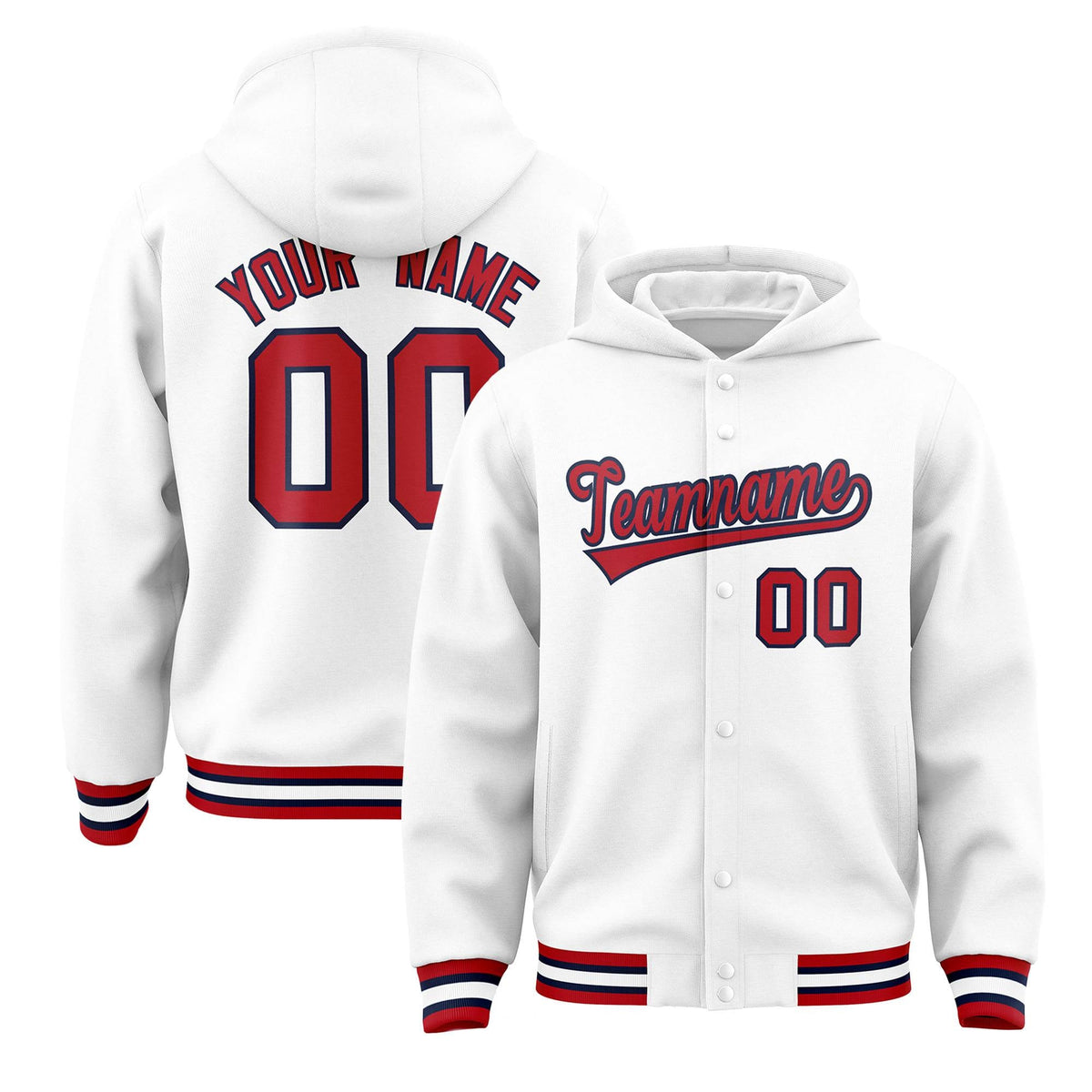Custom White Red-Navy Varsity Full-Snap Letterman Classic Jacket Hoodie| KXKSHOP