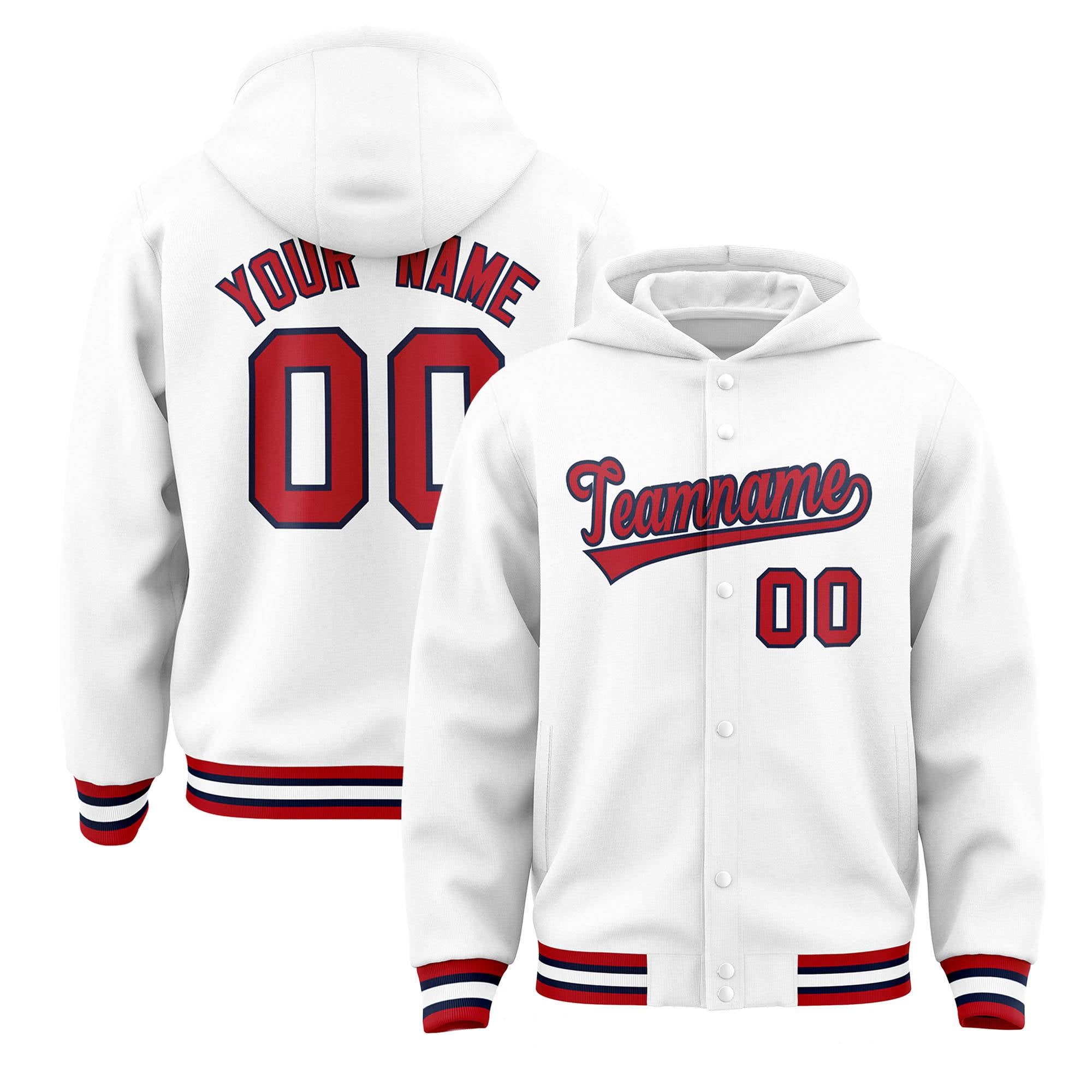 Custom White Red-Navy Varsity Full-Snap Letterman Classic Jacket Hoodie| KXKSHOP