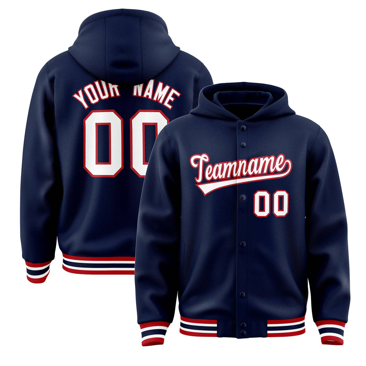 Custom Navy White-Red Varsity Full-Snap Letterman Classic Jacket Hoodie| KXKSHOP