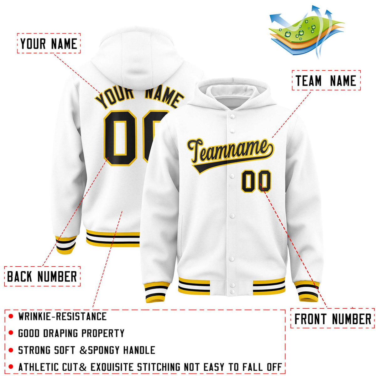 Custom White Black-Gold Varsity Full-Snap Letterman Classic Jacket Hoodie| KXKSHOP