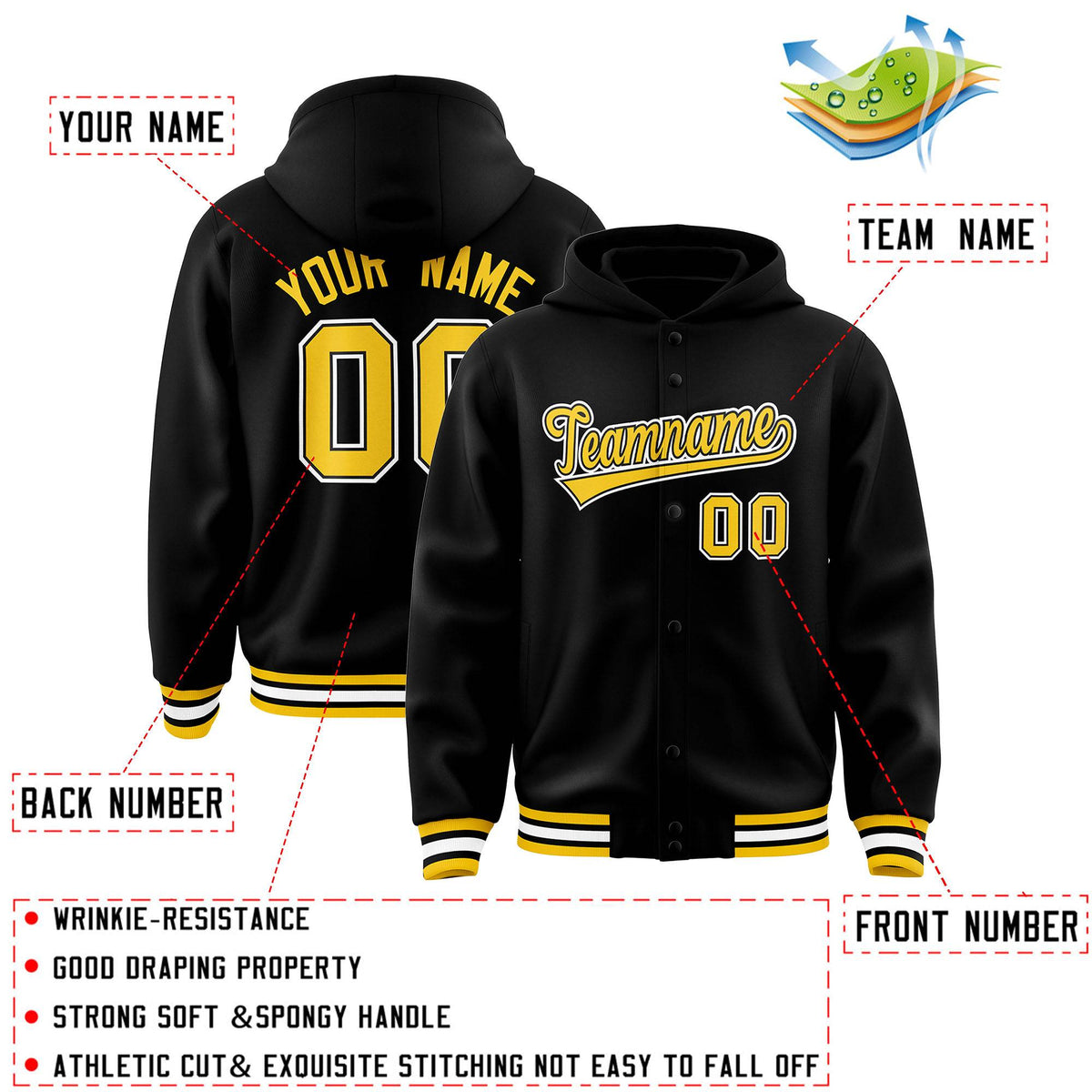 Custom Black Gold-Black Varsity Full-Snap Letterman Classic Jacket Hoodie| KXKSHOP