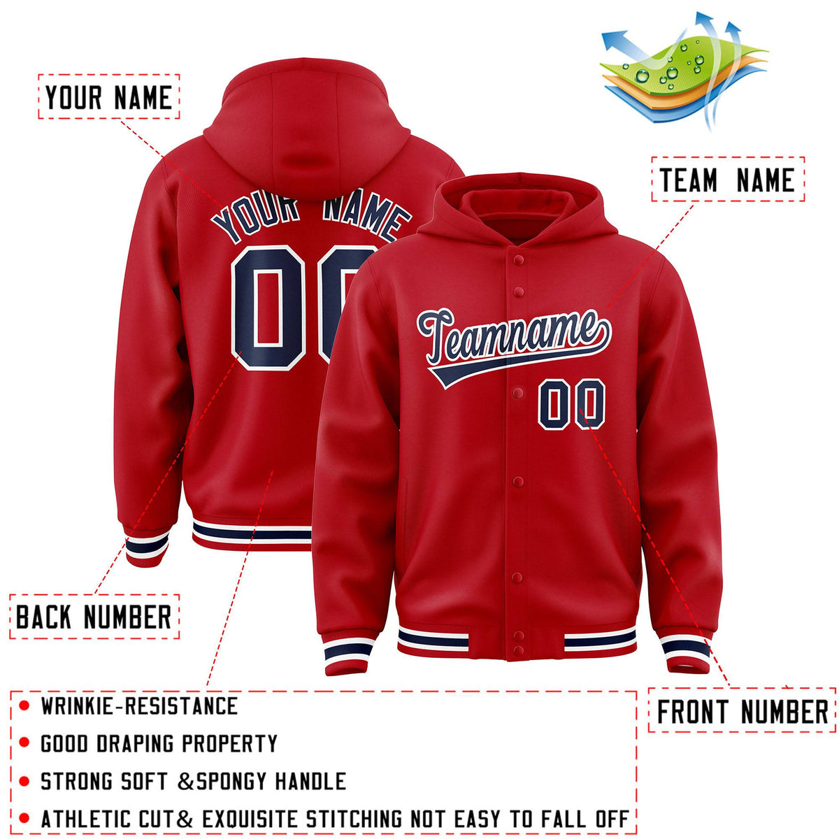 Custom Red Navy-White Varsity Full-Snap Letterman Classic Jacket Hoodie| KXKSHOP