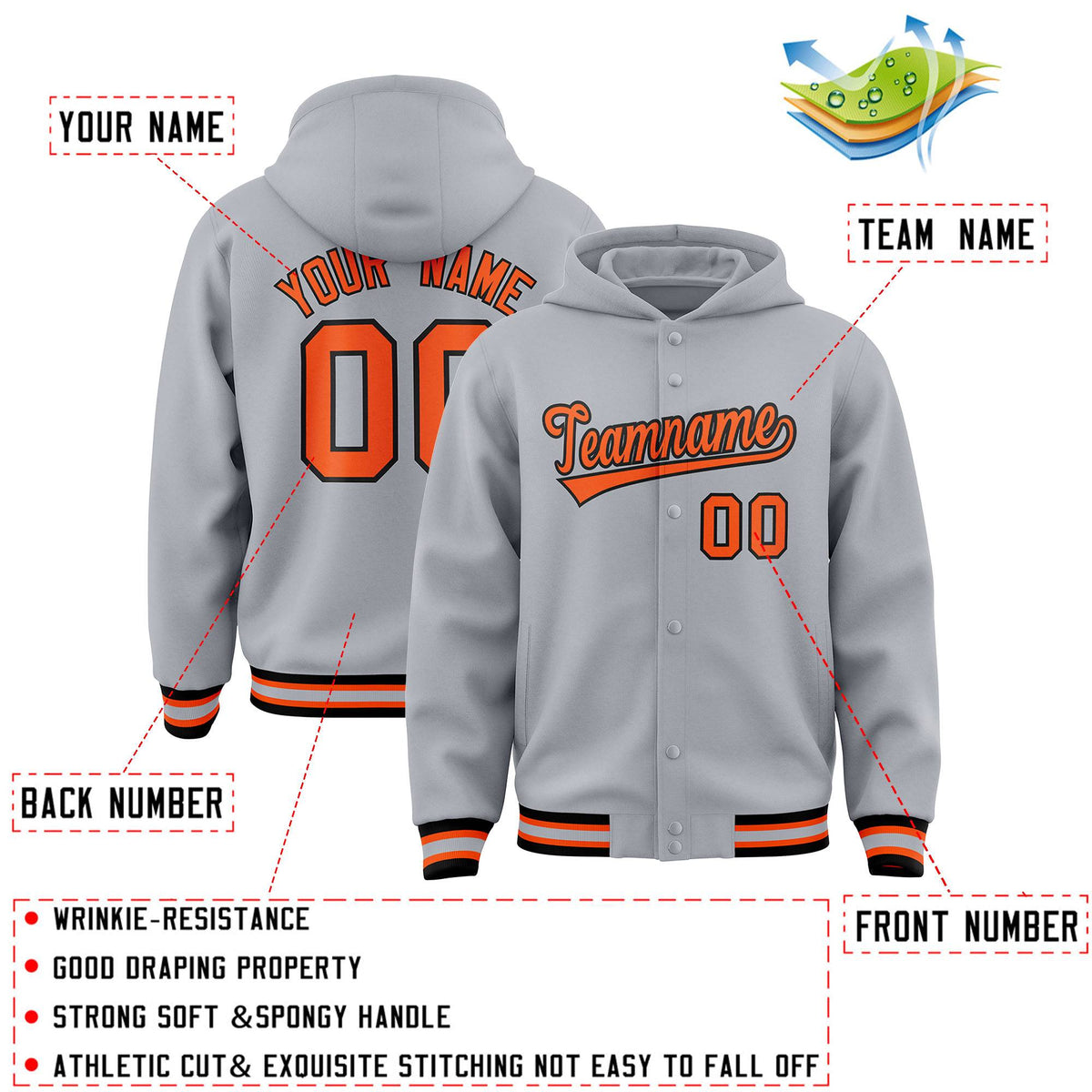 Custom Gray Orange-Black Varsity Full-Snap Letterman Classic Jacket Hoodie| KXKSHOP