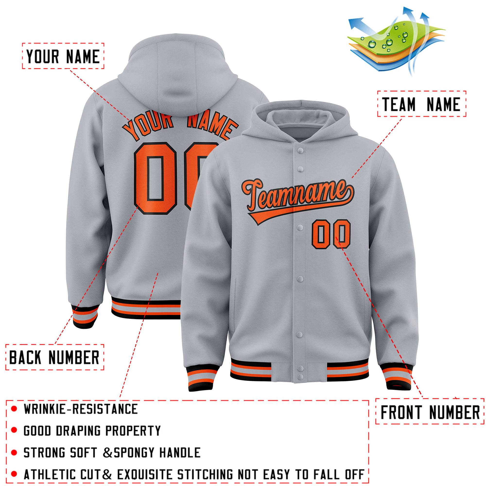 Custom Gray Orange-Black Varsity Full-Snap Letterman Classic Jacket Hoodie| KXKSHOP