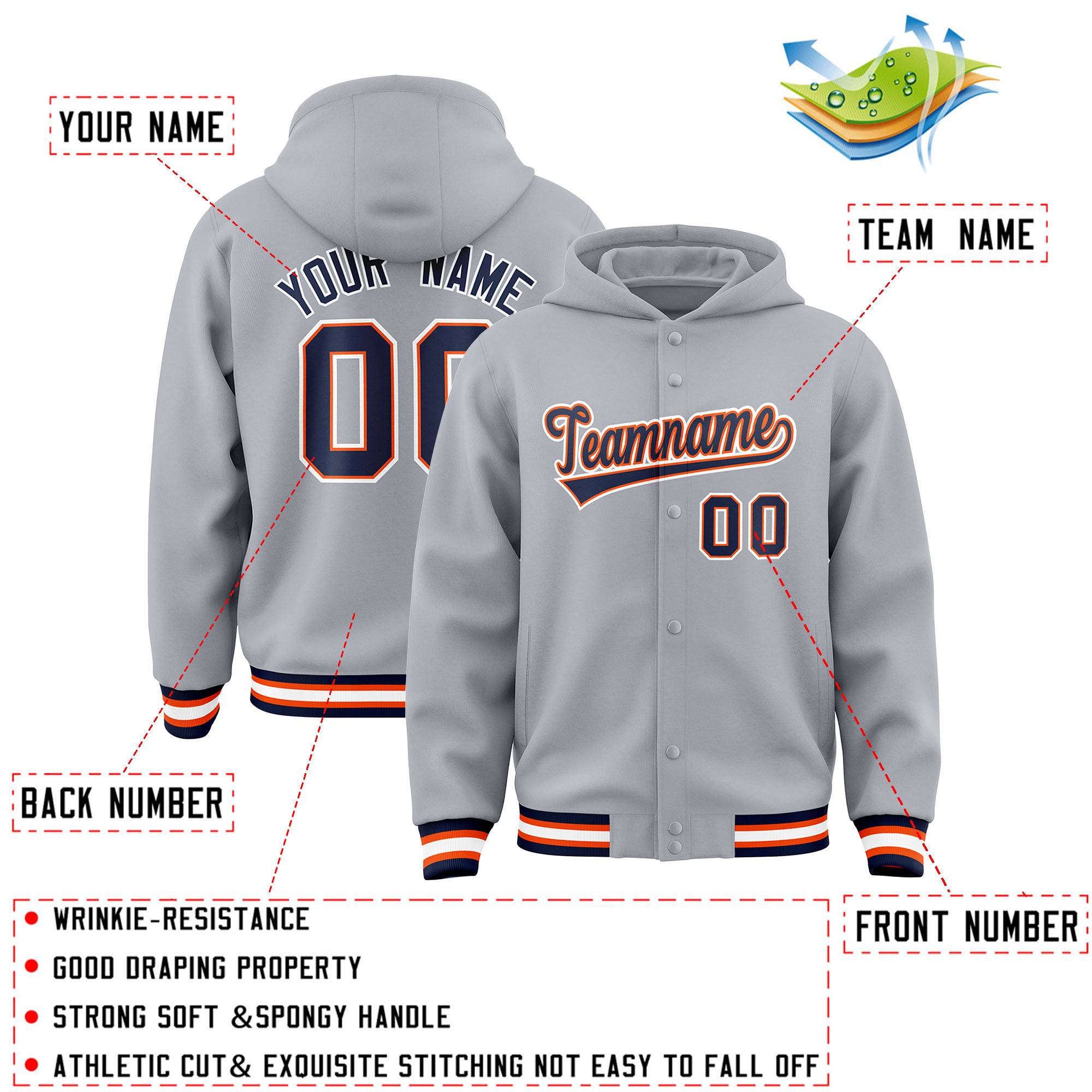 Custom Gray Navy-Orange Varsity Full-Snap Letterman Classic Jacket Hoodie| KXKSHOP