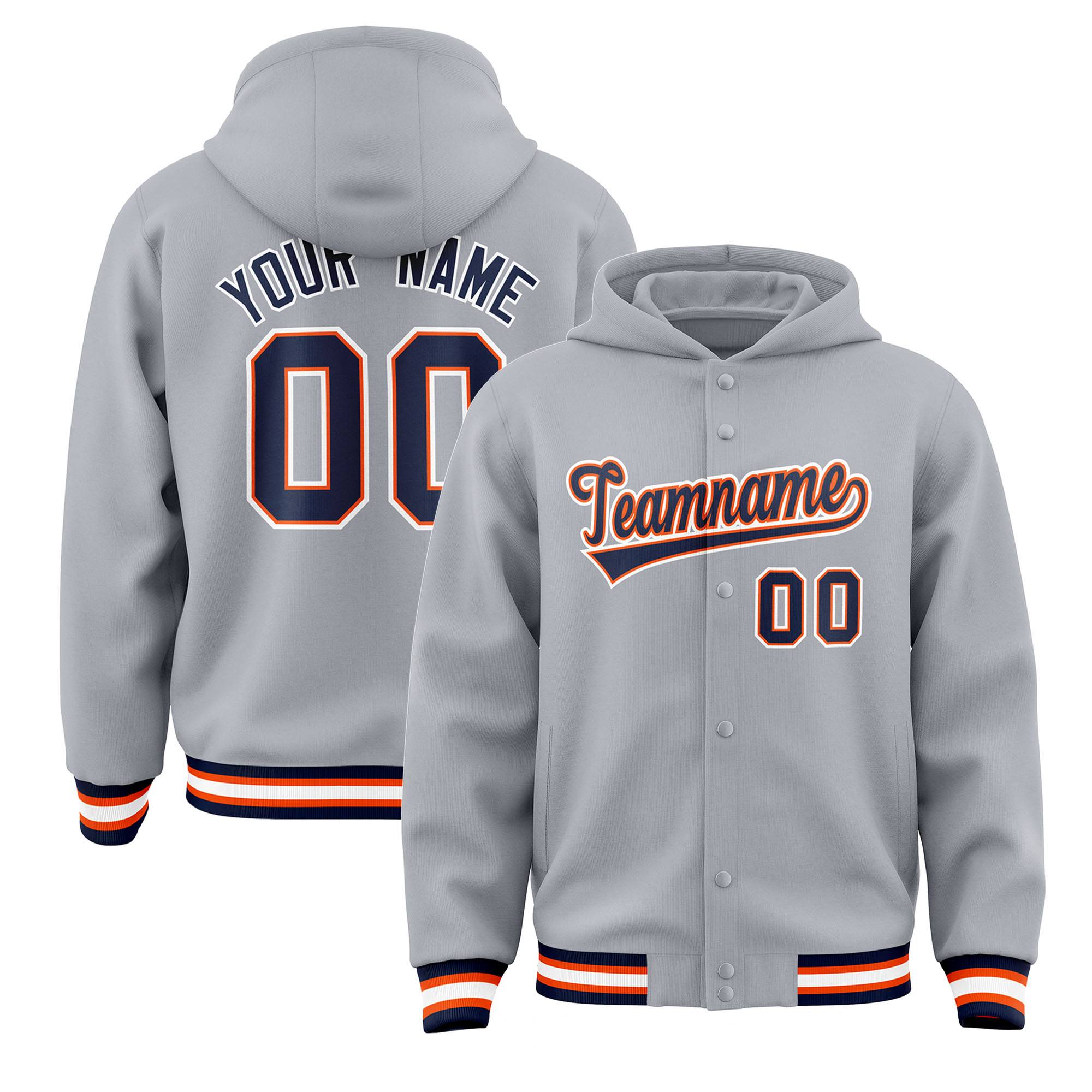 Custom Gray Navy-Orange Varsity Full-Snap Letterman Classic Jacket Hoodie| KXKSHOP