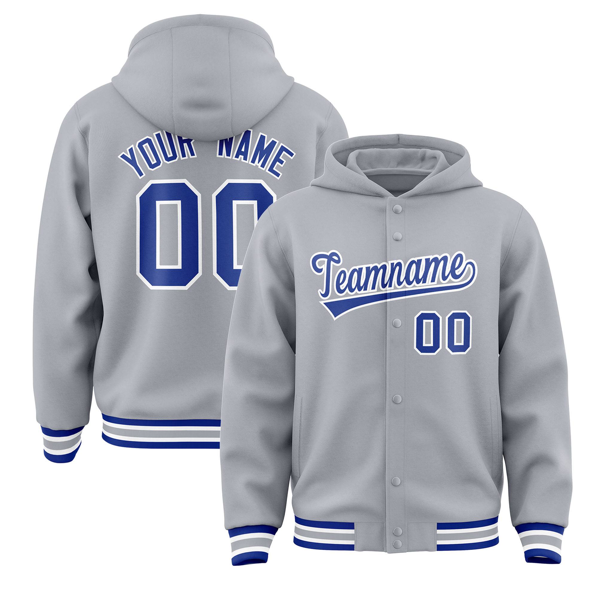 Custom Gray Royal-White Varsity Full-Snap Letterman Classic Jacket Hoodie| KXKSHOP