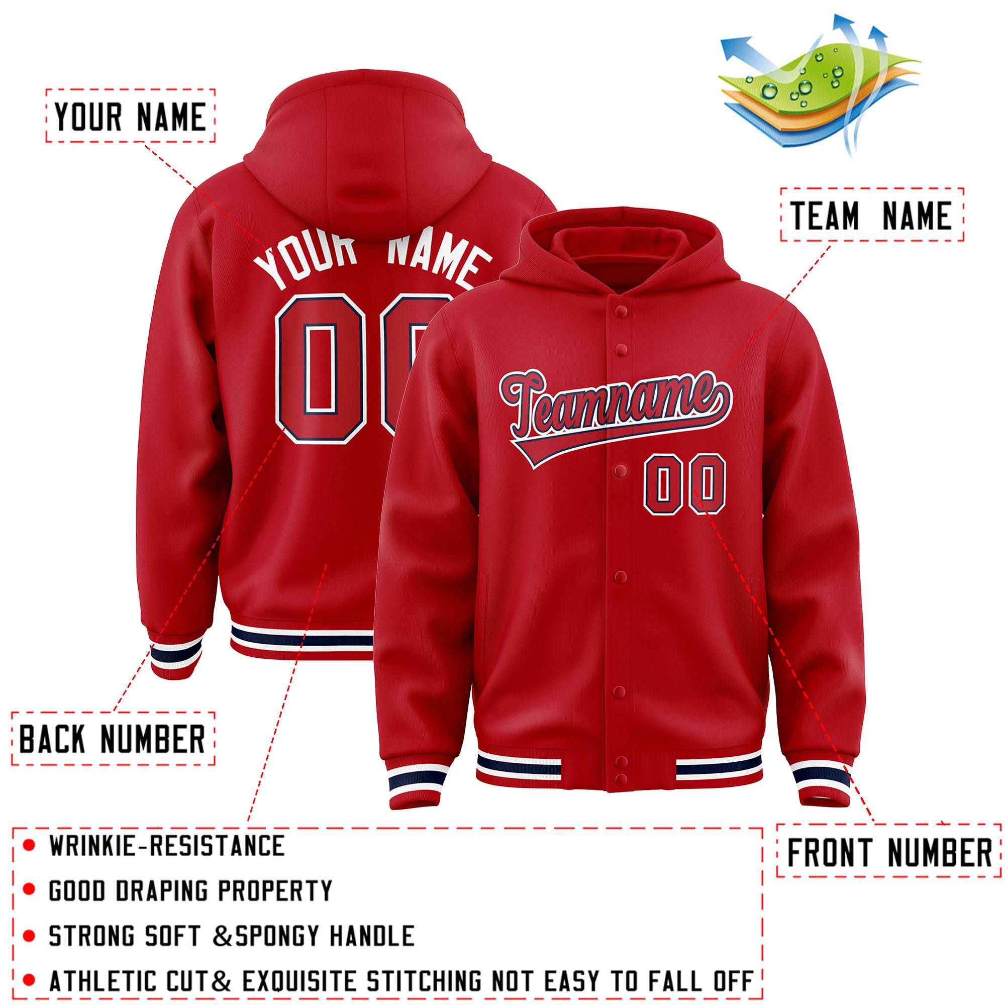 Custom Red Red-Navy Varsity Full-Snap Letterman Classic Jacket Hoodie| KXKSHOP