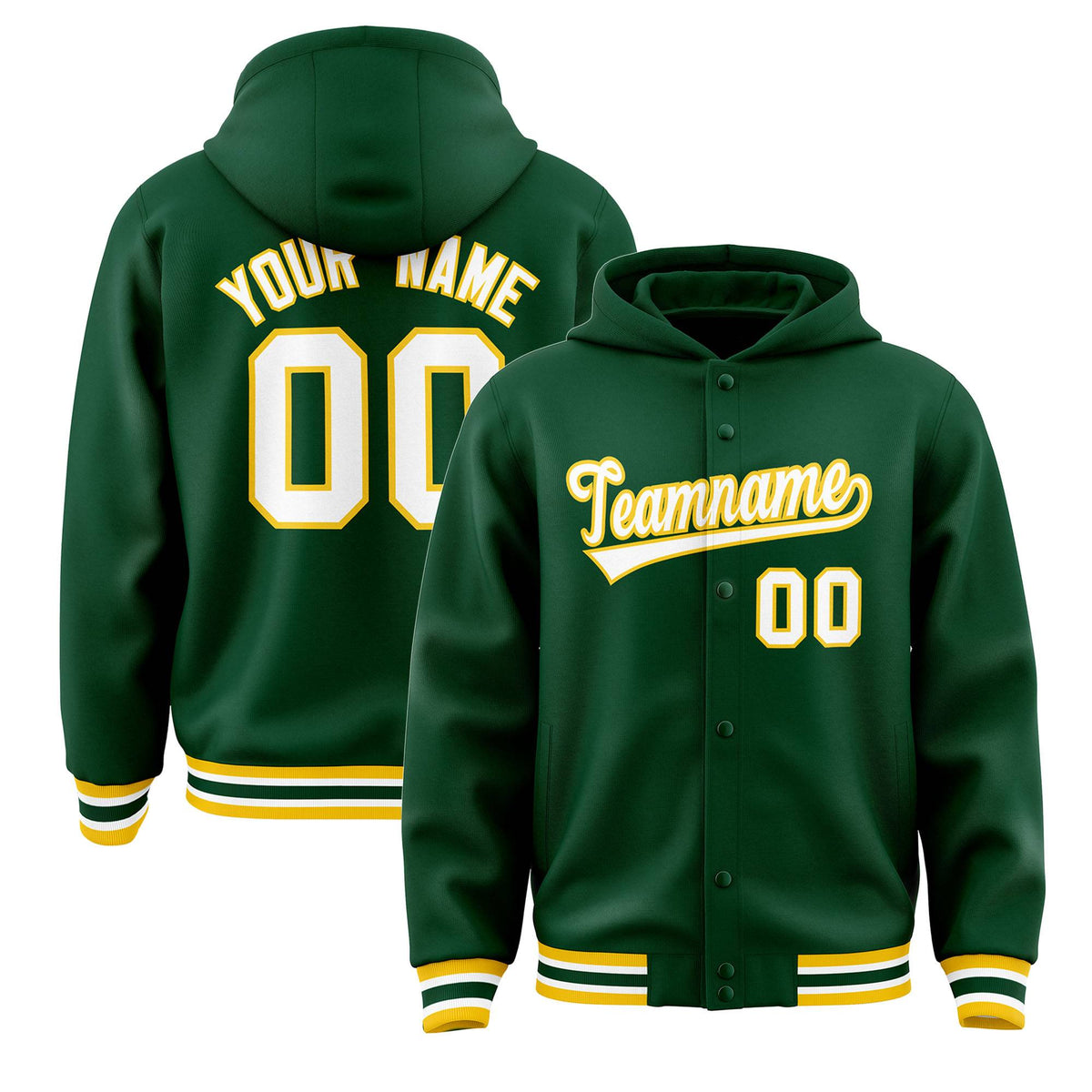 Custom Green White-Gold Varsity Full-Snap Letterman Classic Jacket Hoodie| KXKSHOP