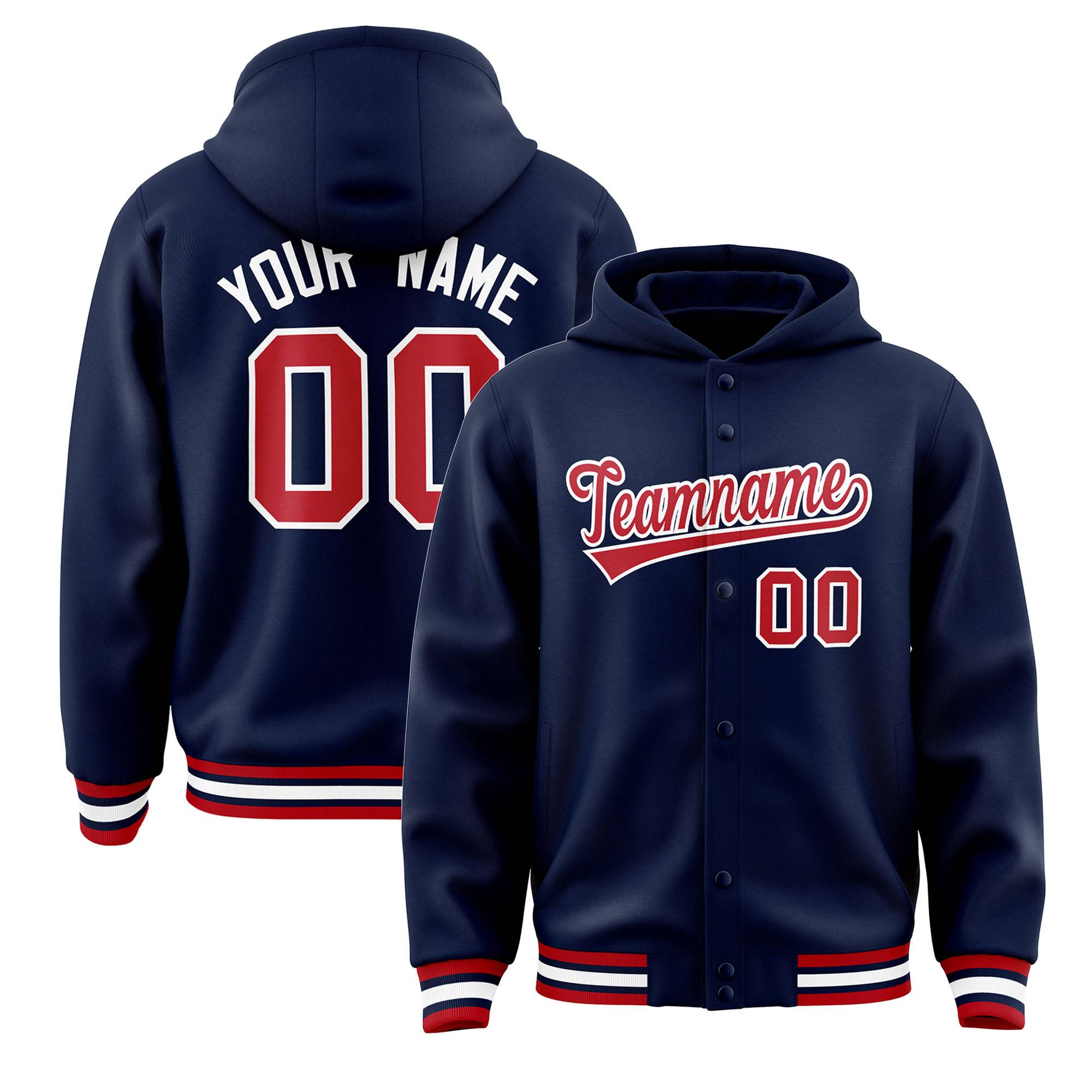 Custom Navy Red-White Varsity Full-Snap Letterman Classic Jacket Hoodie| KXKSHOP