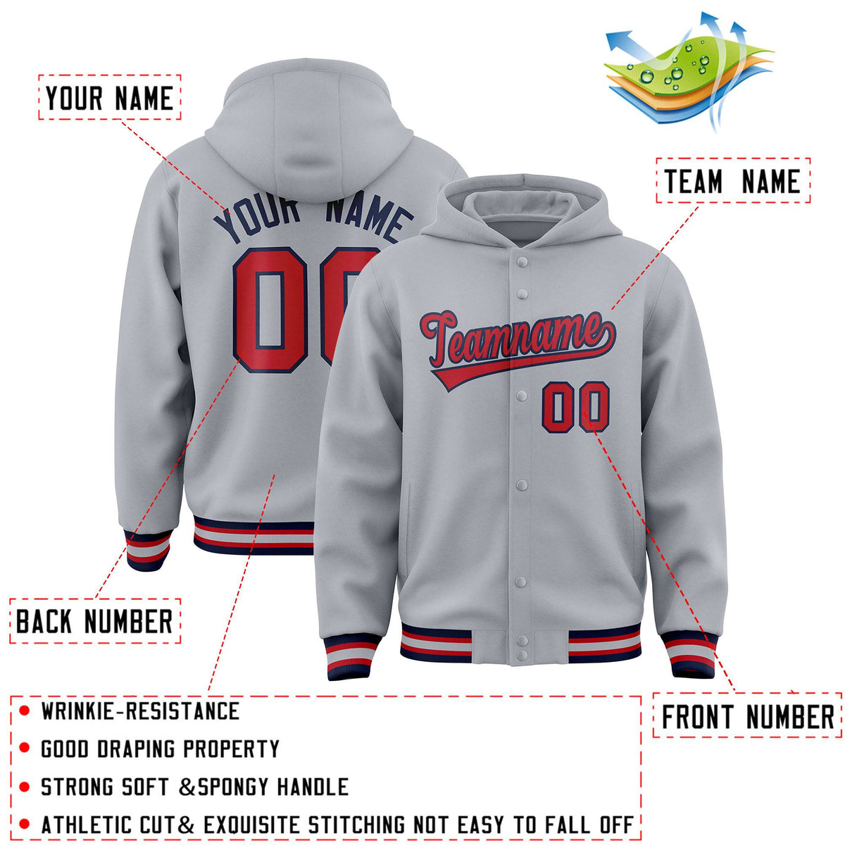 Custom Gray Red-Navy Varsity Full-Snap Letterman Classic Jacket Hoodie| KXKSHOP