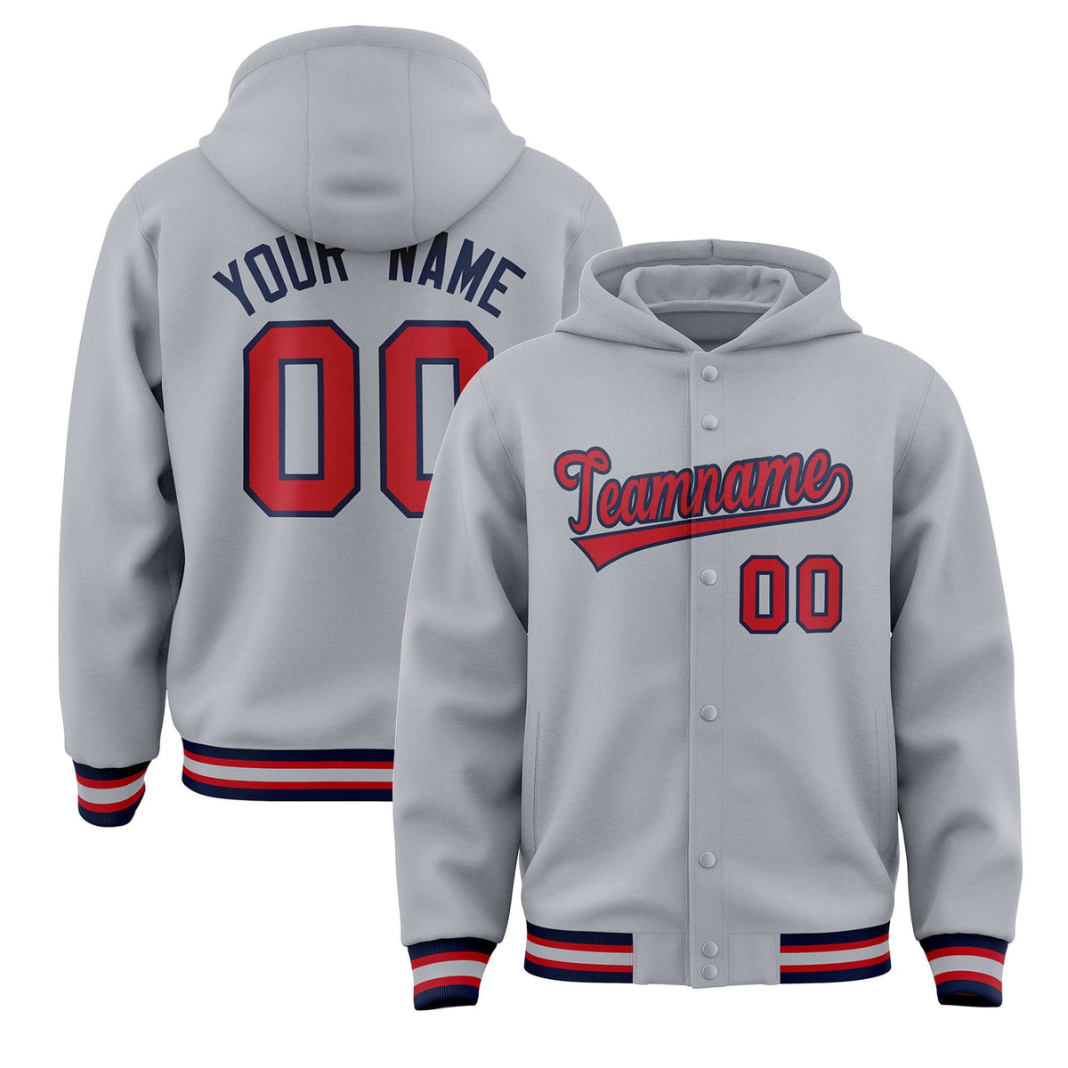 Custom Gray Red-Navy Varsity Full-Snap Letterman Classic Jacket Hoodie| KXKSHOP
