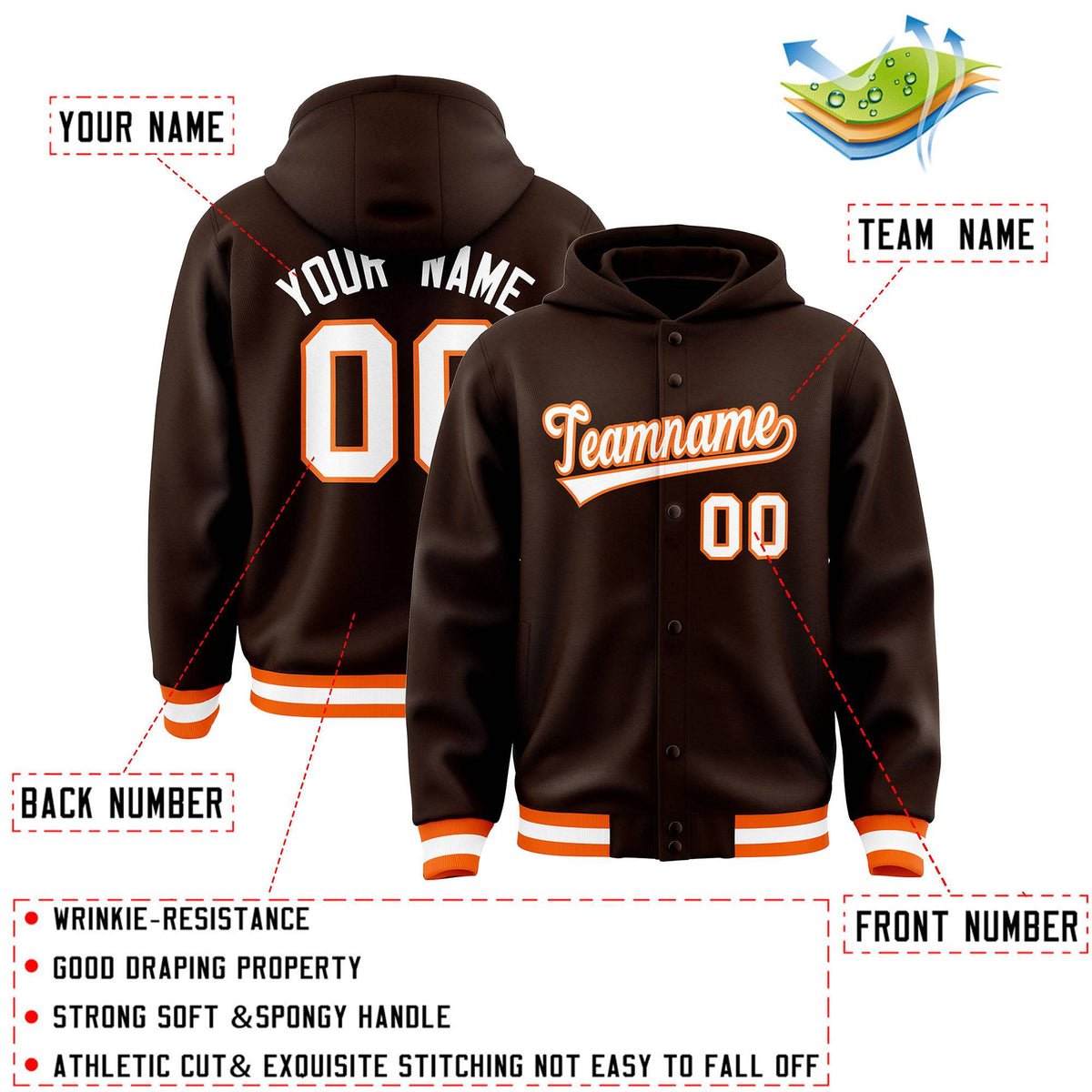 Custom Brown White-Orange Varsity Full-Snap Letterman Classic Jacket Hoodie| KXKSHOP