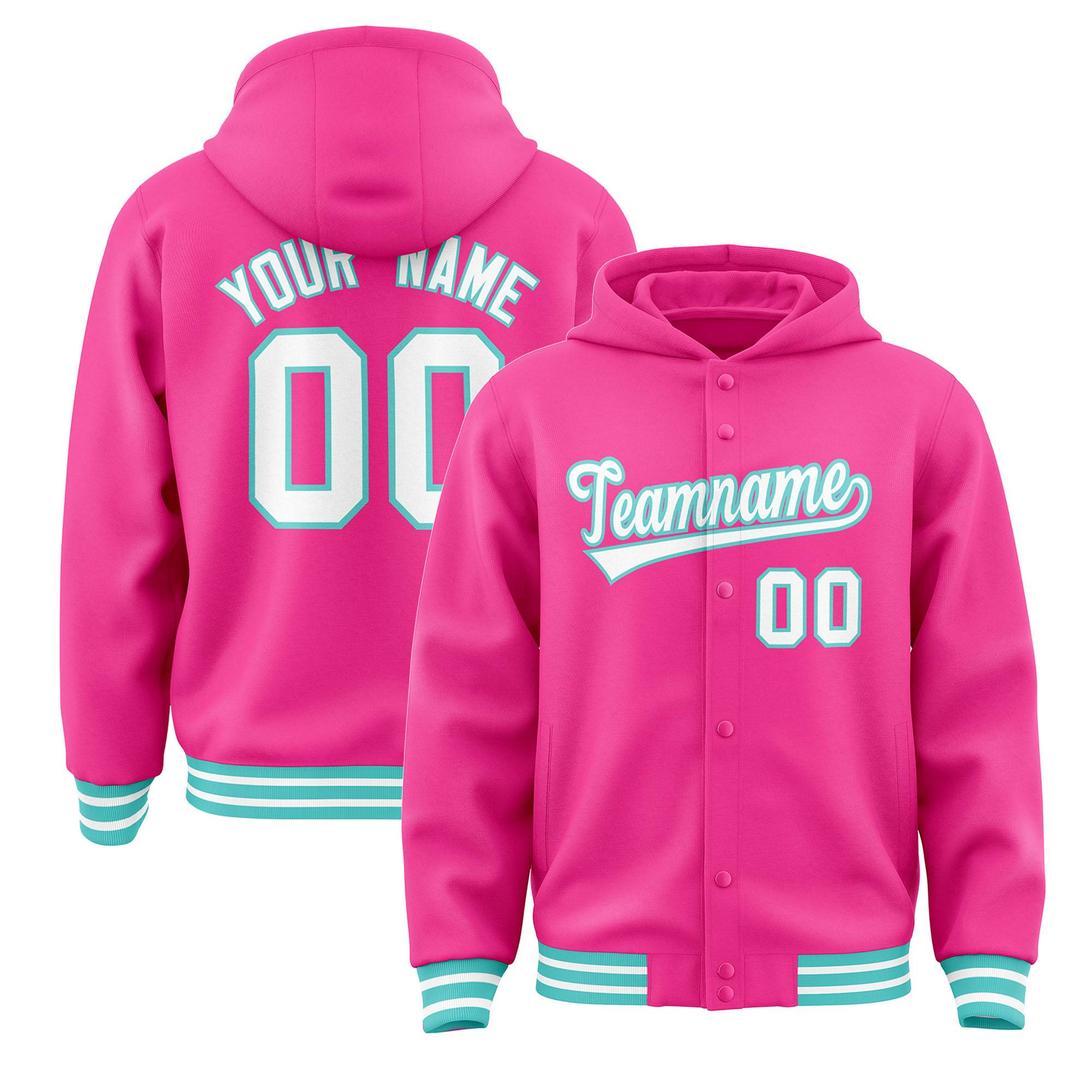 Custom Pink White-Bright Green Varsity Full-Snap Letterman Classic Jacket Hoodie| KXKSHOP