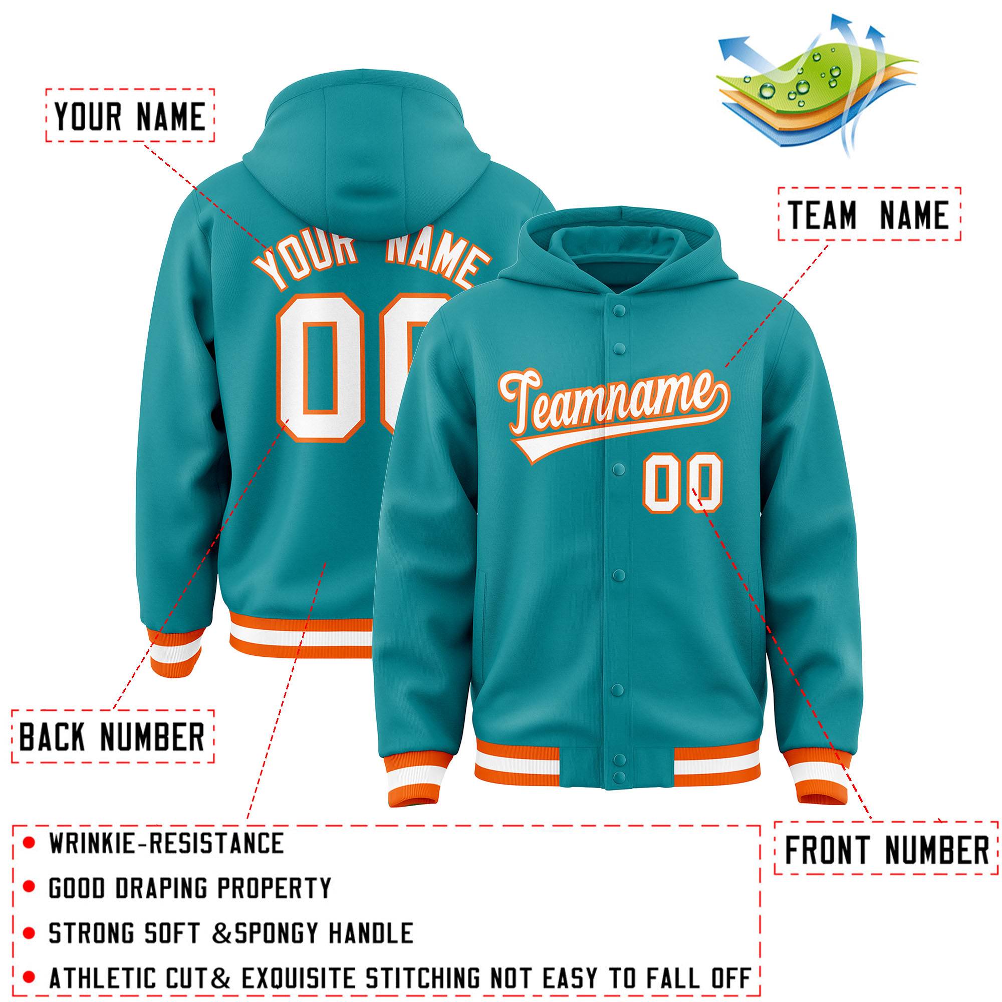 Custom Aqua White-Orange Varsity Full-Snap Letterman Classic Jacket Hoodie| KXKSHOP