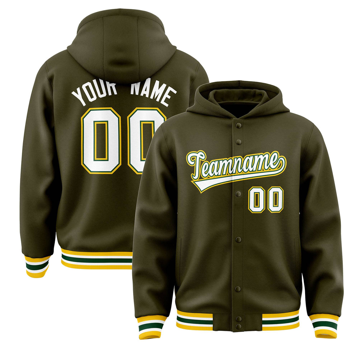 Custom Olive White-Green Varsity Full-Snap Letterman Classic Jacket Hoodie| KXKSHOP