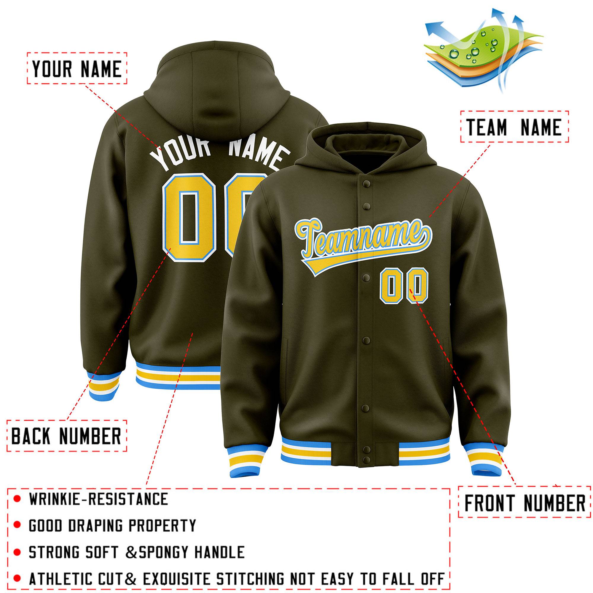 Custom Olive Gold-Powder Blue Varsity Full-Snap Letterman Classic Jacket Hoodie| KXKSHOP