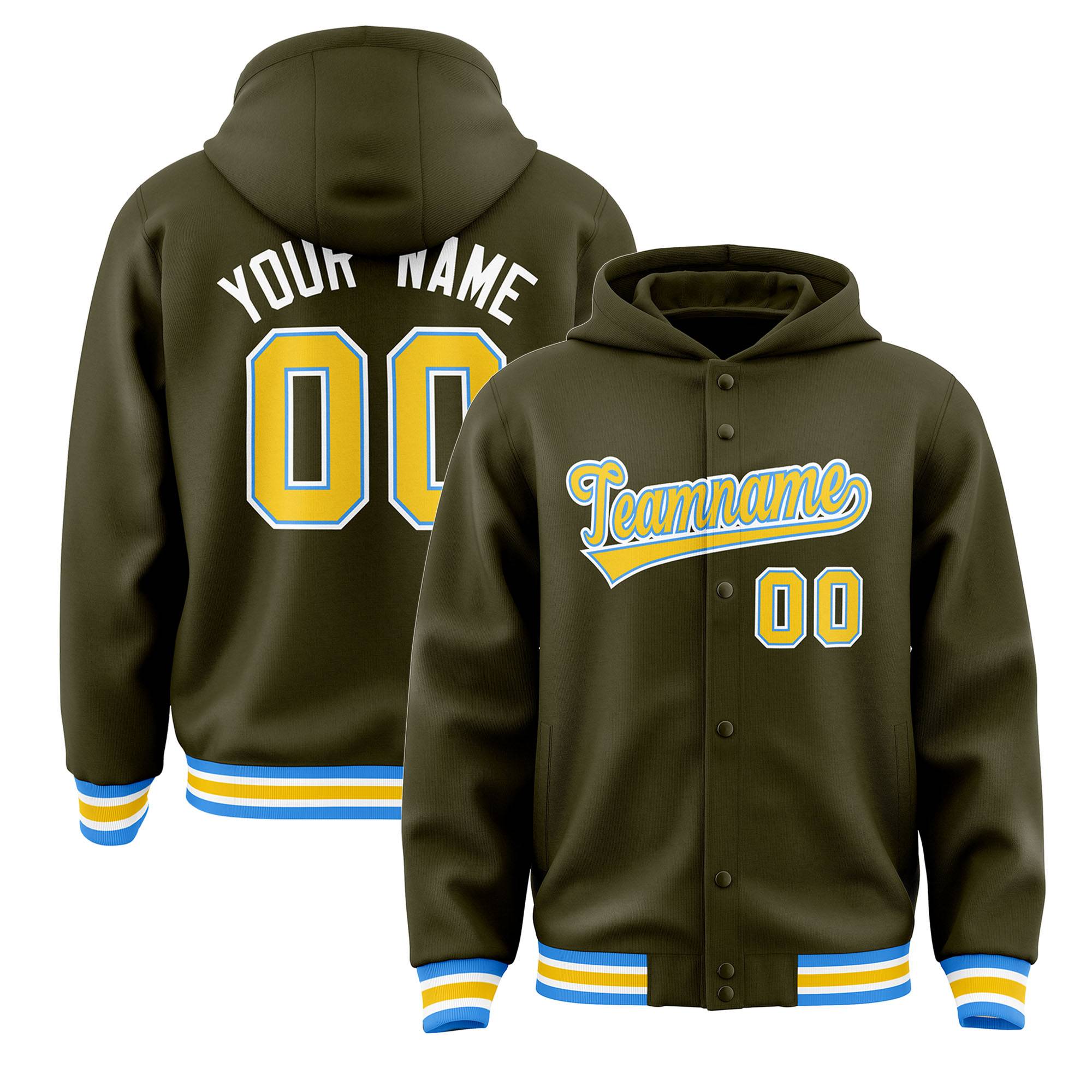 Custom Olive Gold-Powder Blue Varsity Full-Snap Letterman Classic Jacket Hoodie| KXKSHOP