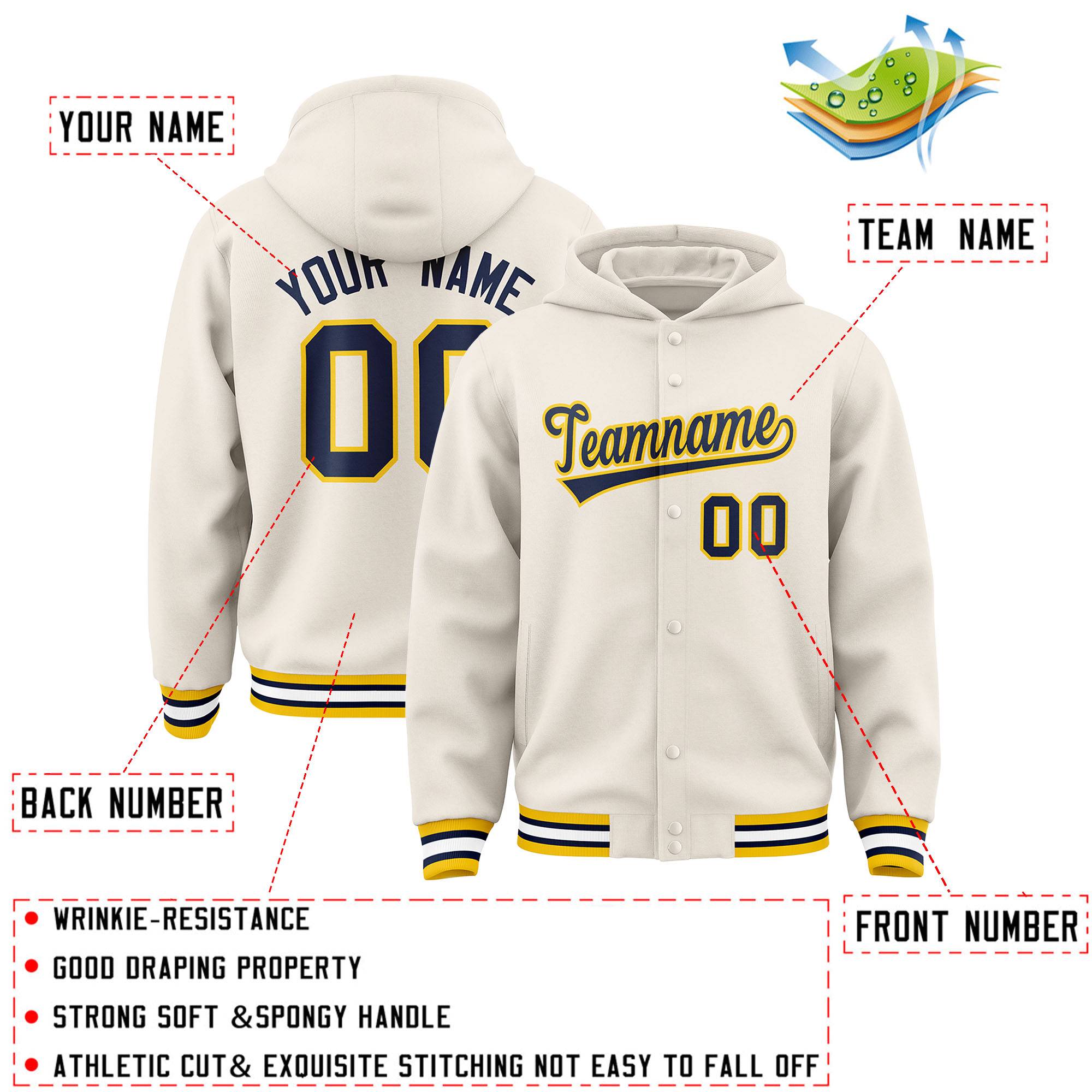 Custom Cream Navy-Gold Varsity Full-Snap Letterman Classic Jacket Hoodie| KXKSHOP