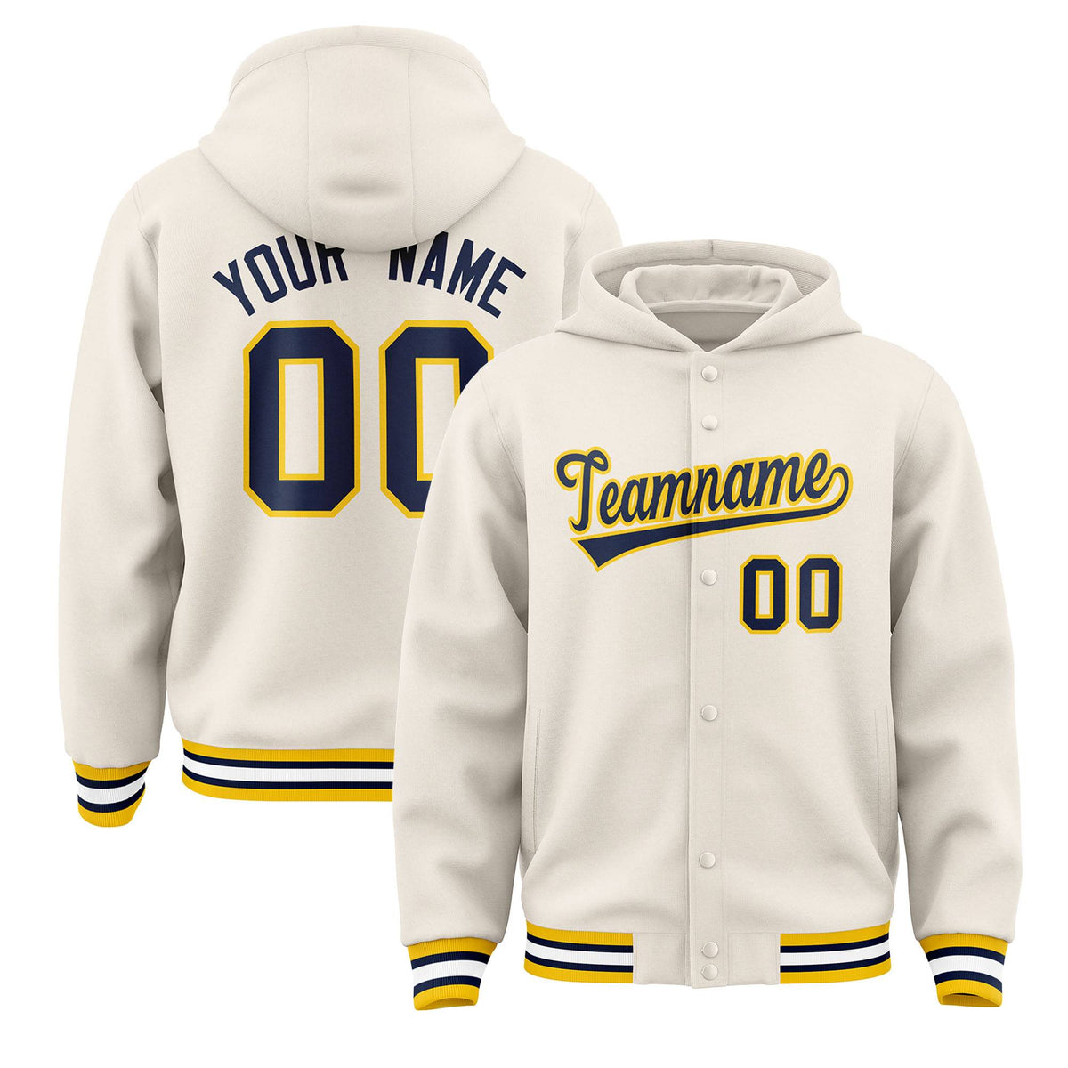 Custom Cream Navy-Gold Varsity Full-Snap Letterman Classic Jacket Hoodie| KXKSHOP
