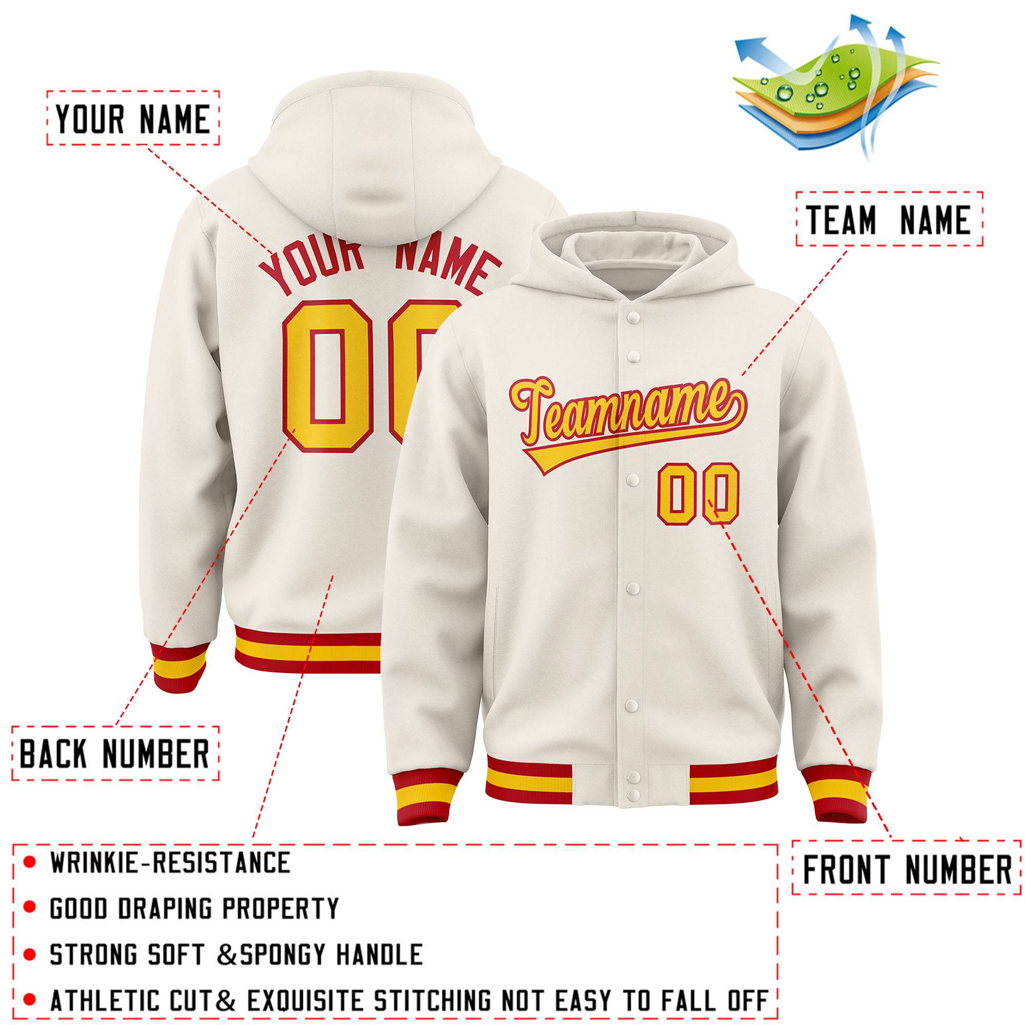Custom Cream Gold-Red Varsity Full-Snap Letterman Classic Jacket Hoodie| KXKSHOP