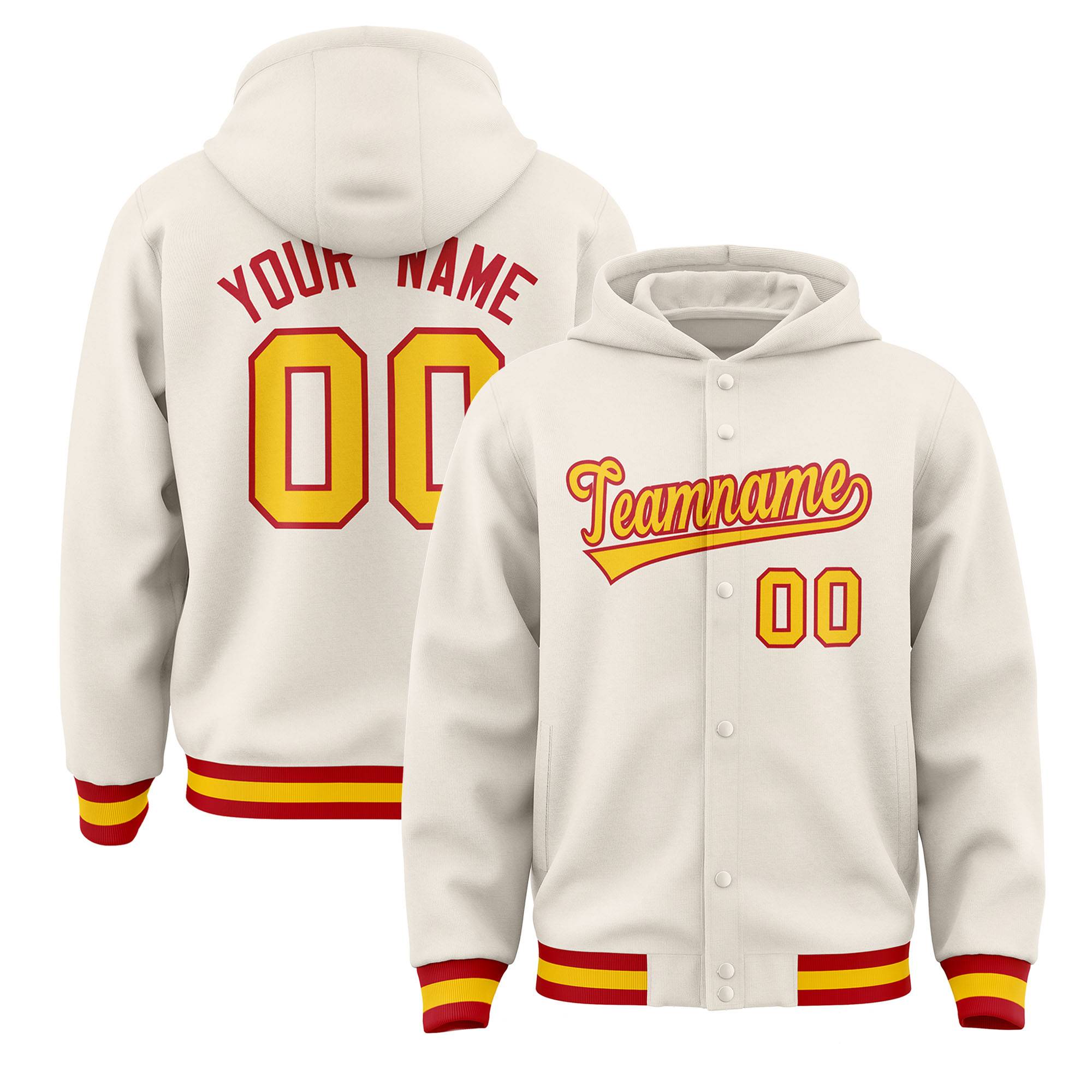 Custom Cream Gold-Red Varsity Full-Snap Letterman Classic Jacket Hoodie| KXKSHOP