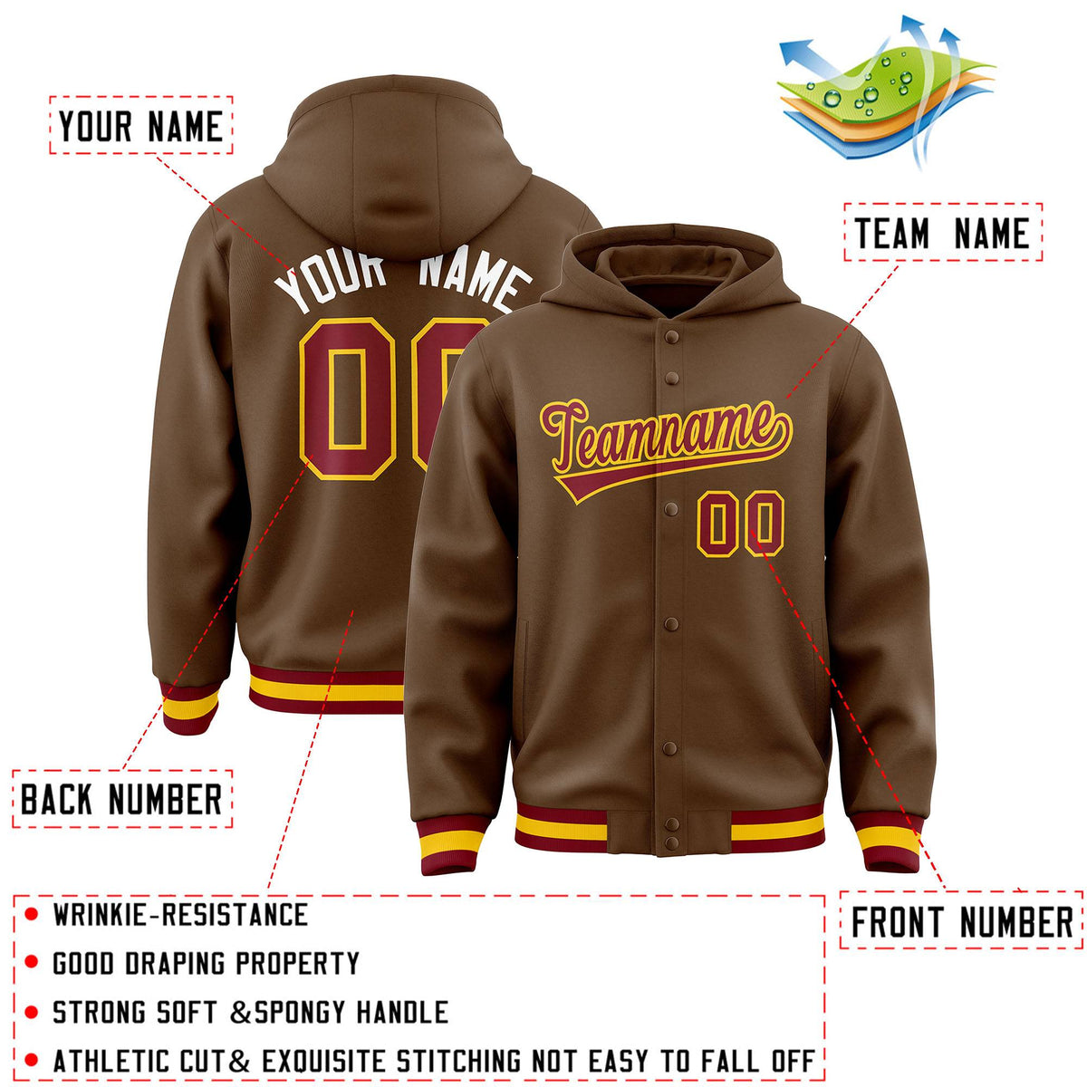 Custom Light Brown Crimson-Gold Varsity Full-Snap Letterman Classic Jacket Hoodie| KXKSHOP
