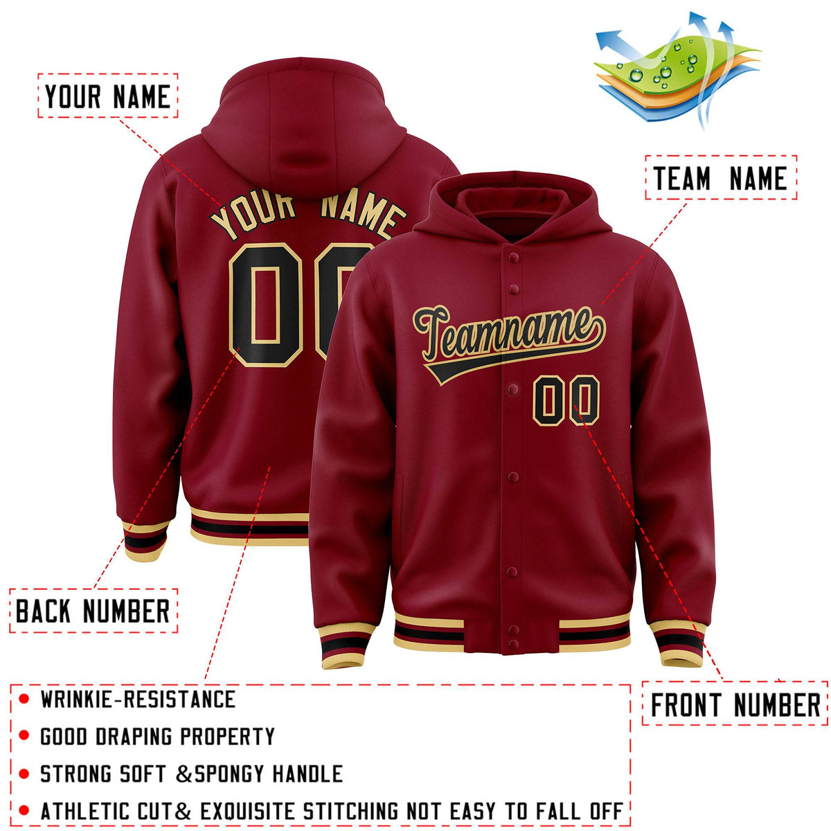 Custom Crimson Black-Khaki Varsity Full-Snap Letterman Classic Jacket Hoodie| KXKSHOP