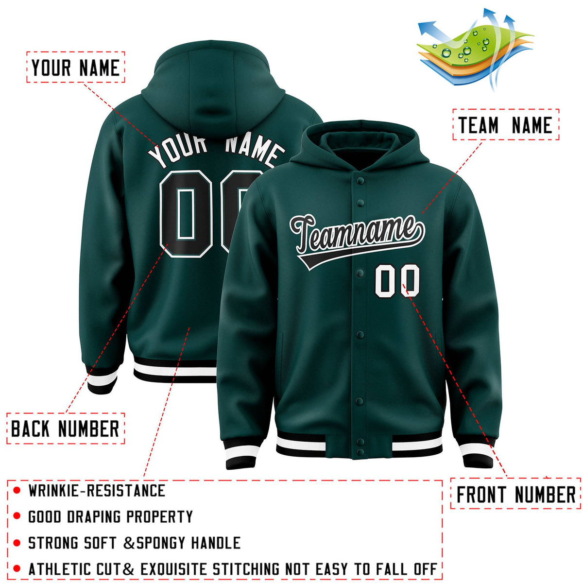 Custom Midnight Green Black-White Varsity Full-Snap Letterman Classic Jacket Hoodie| KXKSHOP