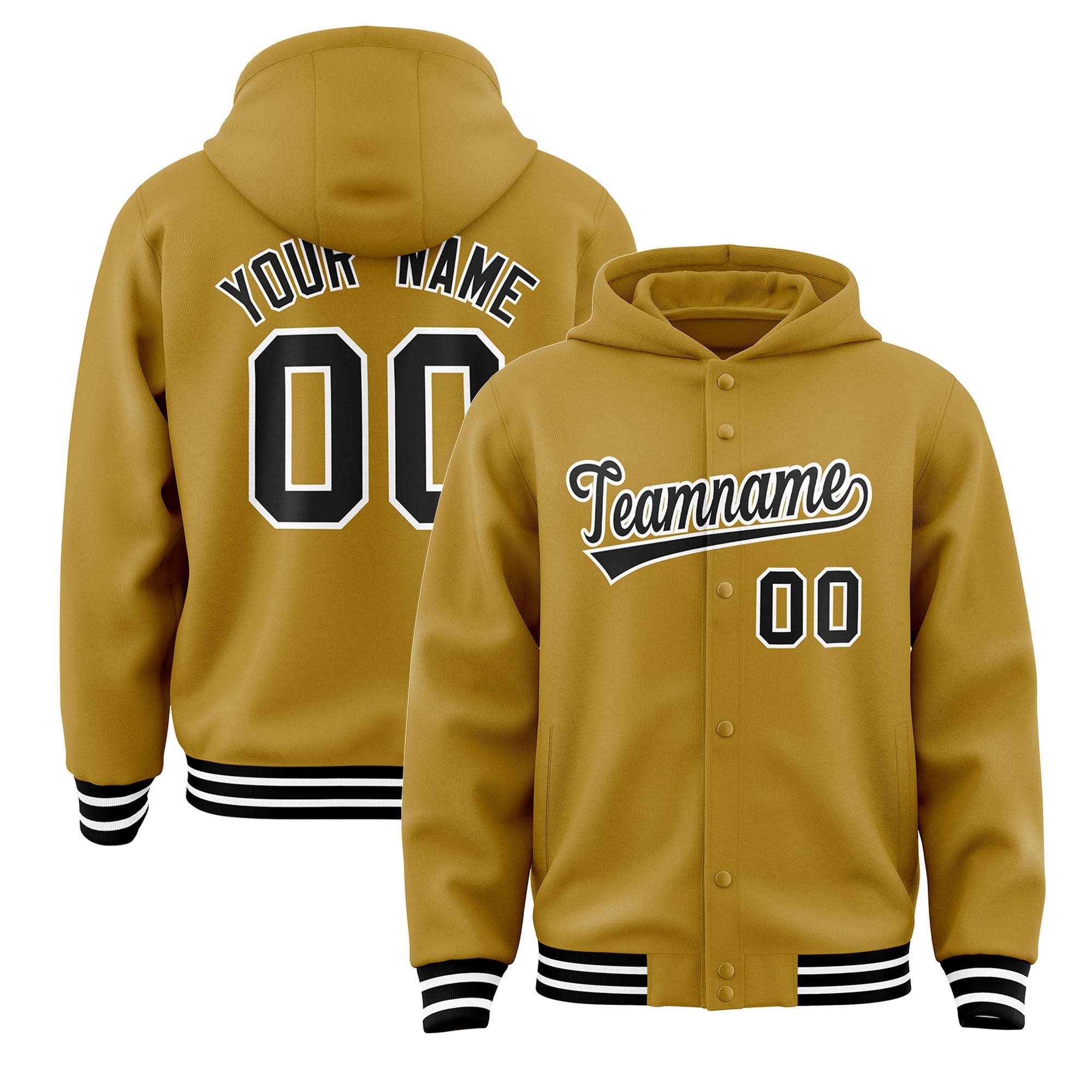 Custom Old Gold Black-White Varsity Full-Snap Letterman Classic Jacket Hoodie| KXKSHOP