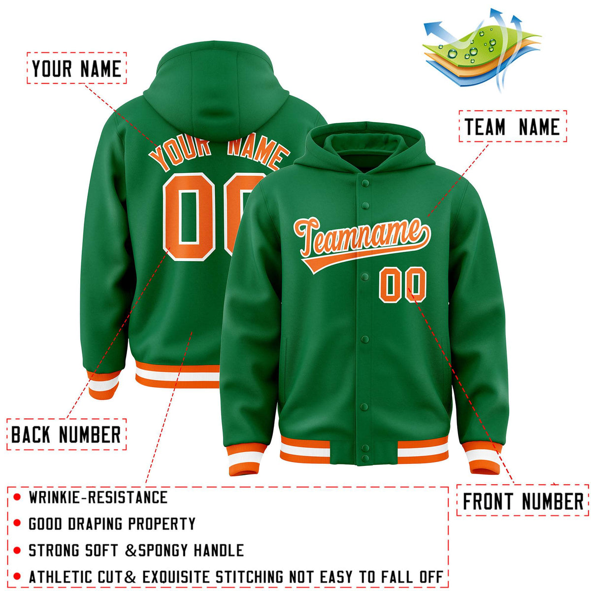 Custom Kelly Green Orange-White Varsity Full-Snap Letterman Classic Jacket Hoodie| KXKSHOP