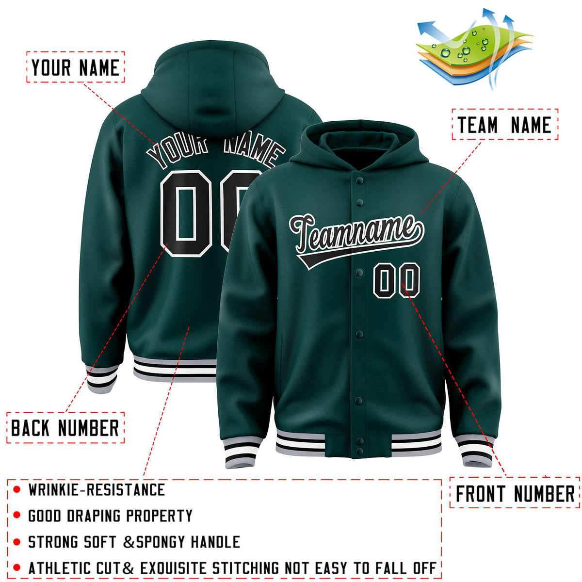 Custom Midnight Green Black-White Varsity Full-Snap Letterman Classic Jacket Hoodie| KXKSHOP