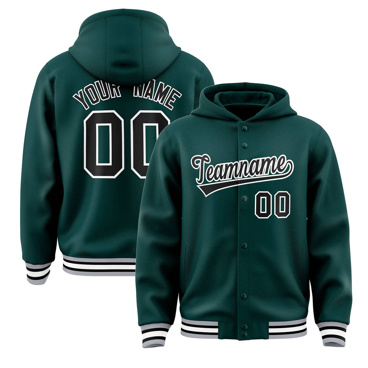 Custom Midnight Green Black-White Varsity Full-Snap Letterman Classic Jacket Hoodie| KXKSHOP