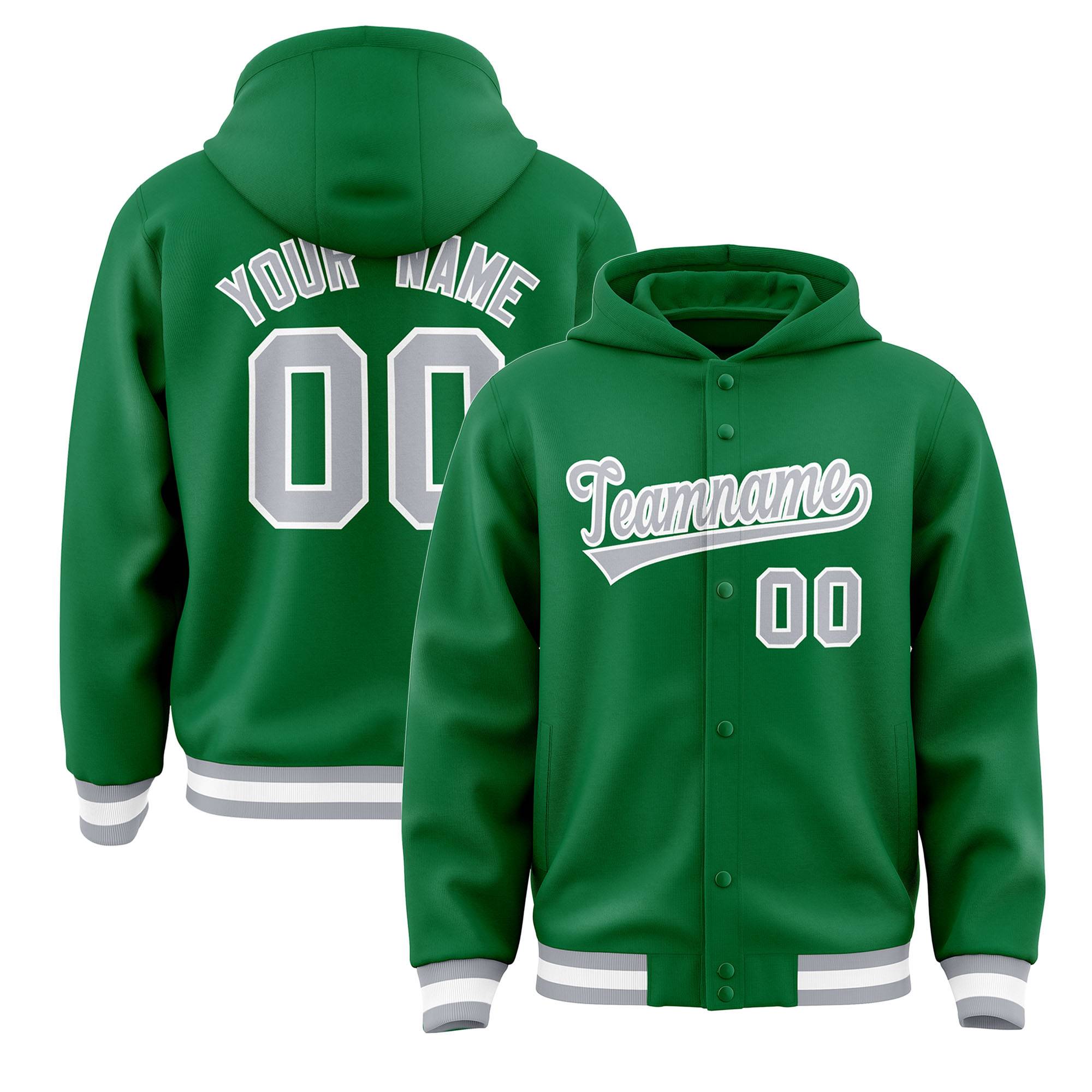 Custom Kelly Green Gray-White Varsity Full-Snap Letterman Classic Jacket Hoodie| KXKSHOP