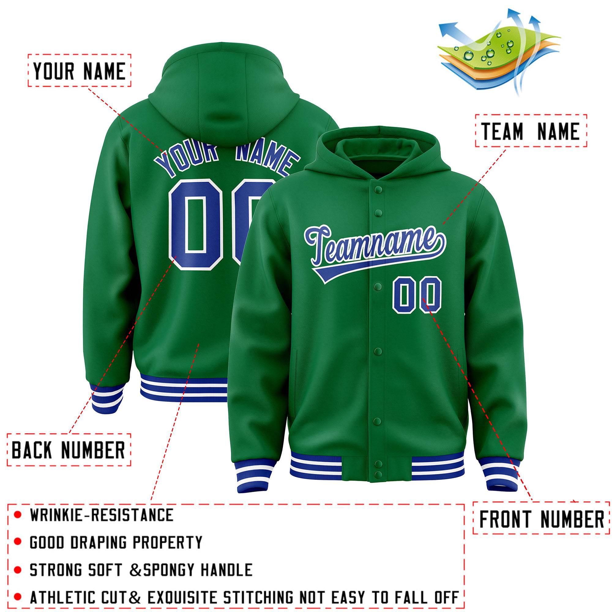 Custom Kelly Green Royal-White Varsity Full-Snap Letterman Classic Jacket Hoodie| KXKSHOP