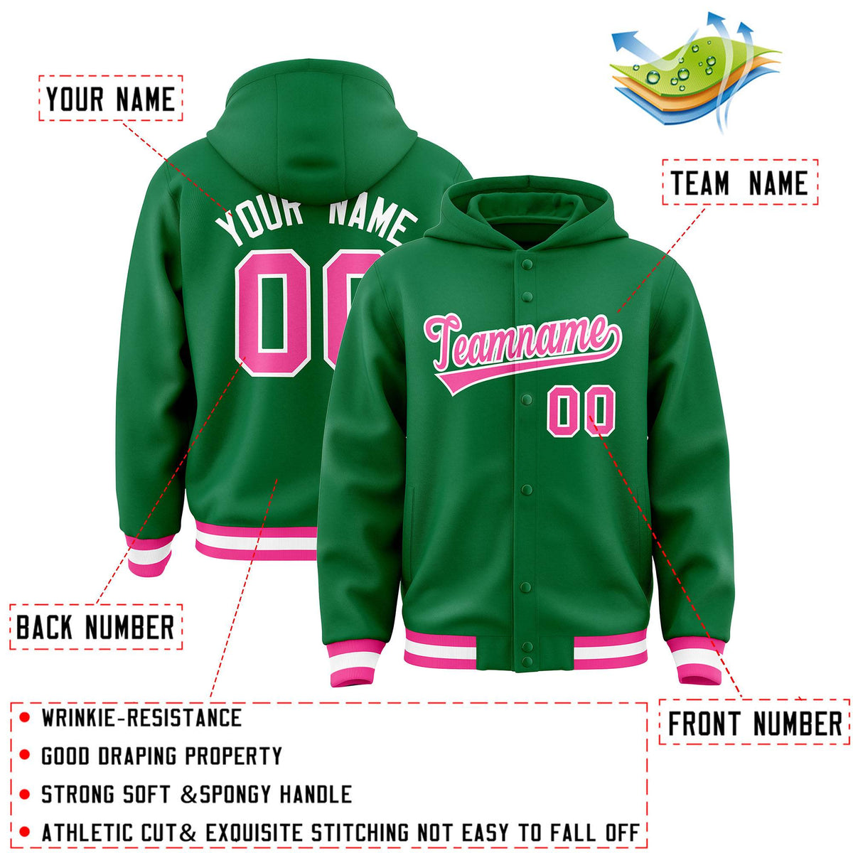 Custom Kelly Green Pink-White Varsity Full-Snap Letterman Classic Jacket Hoodie| KXKSHOP