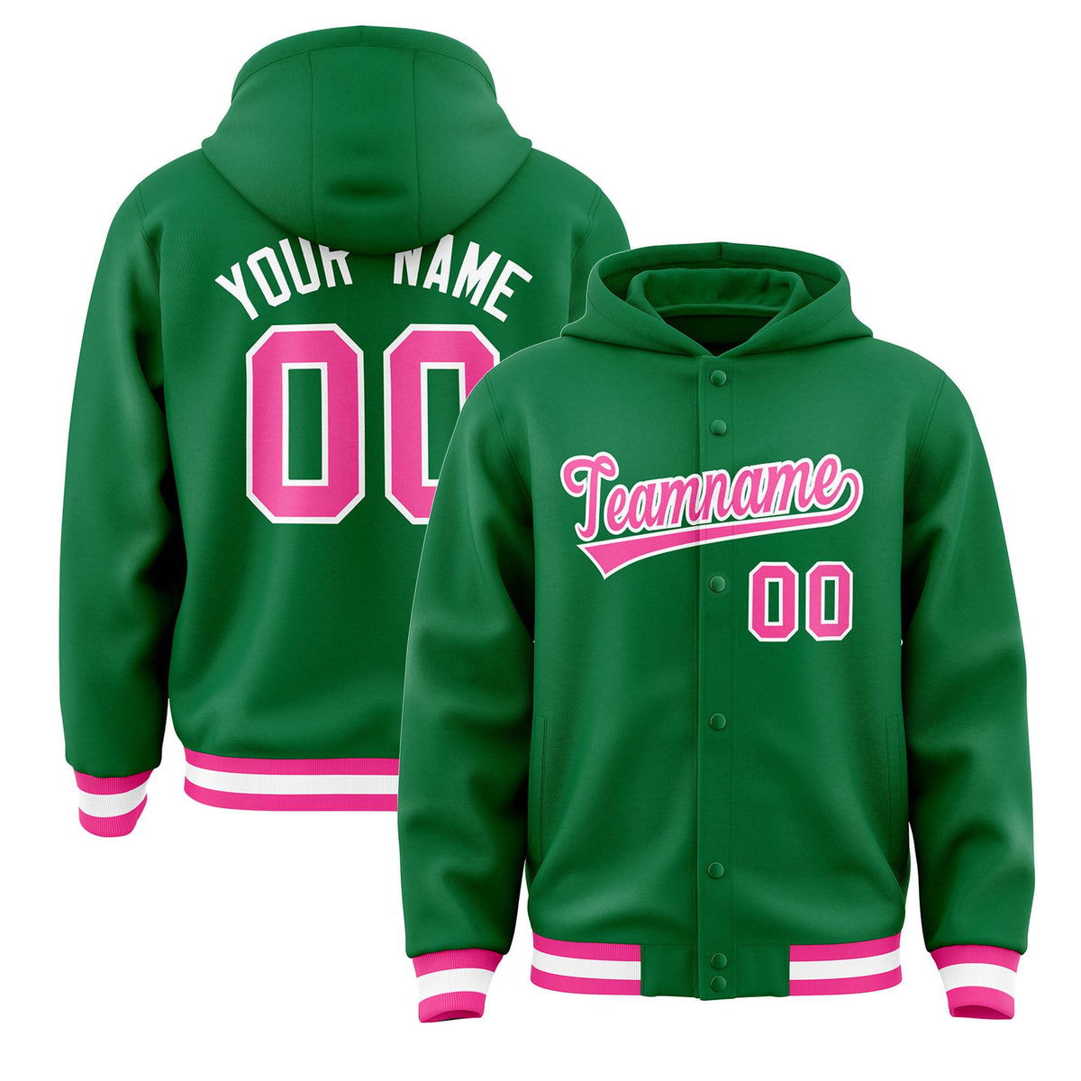 Custom Kelly Green Pink-White Varsity Full-Snap Letterman Classic Jacket Hoodie| KXKSHOP