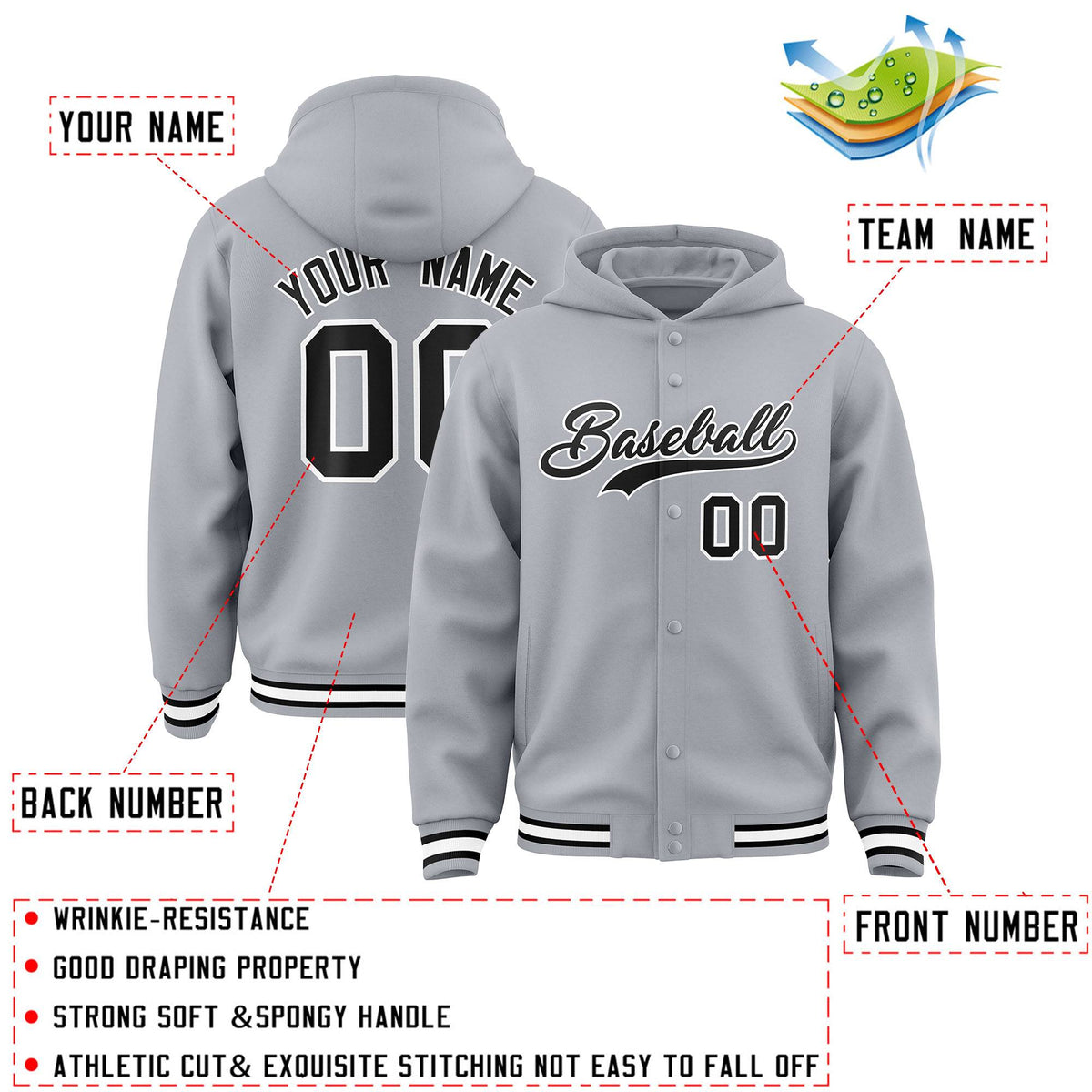 Custom Gray Black-White Varsity Full-Snap Letterman Classic Jacket Hoodie| KXKSHOP