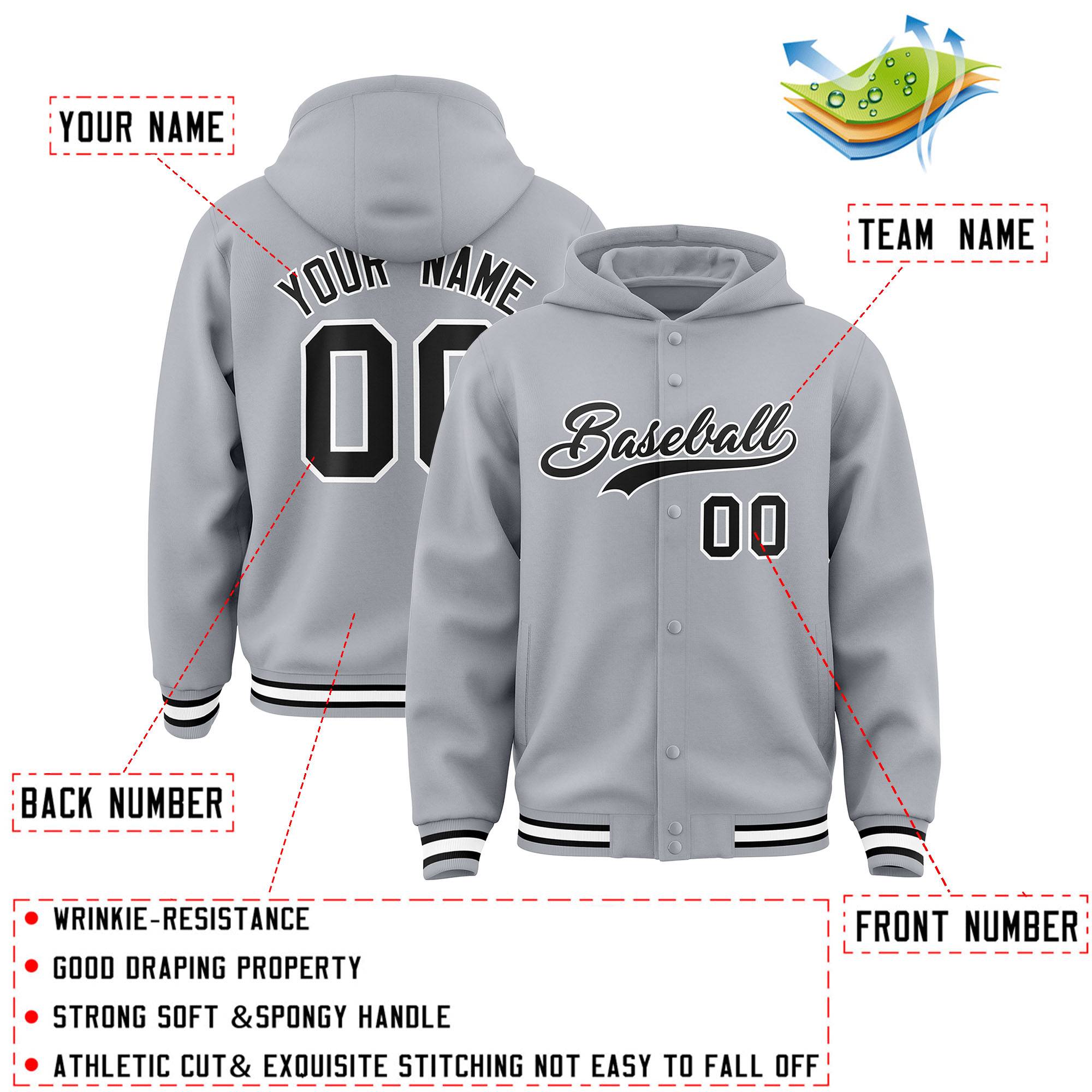 Custom Gray Black-White Varsity Full-Snap Letterman Classic Jacket Hoodie| KXKSHOP