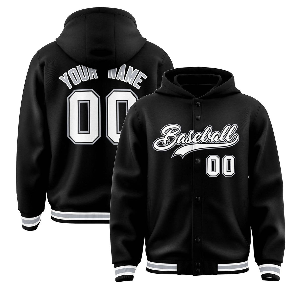 Custom Black White-Black Varsity Full-Snap Letterman Classic Jacket Hoodie| KXKSHOP