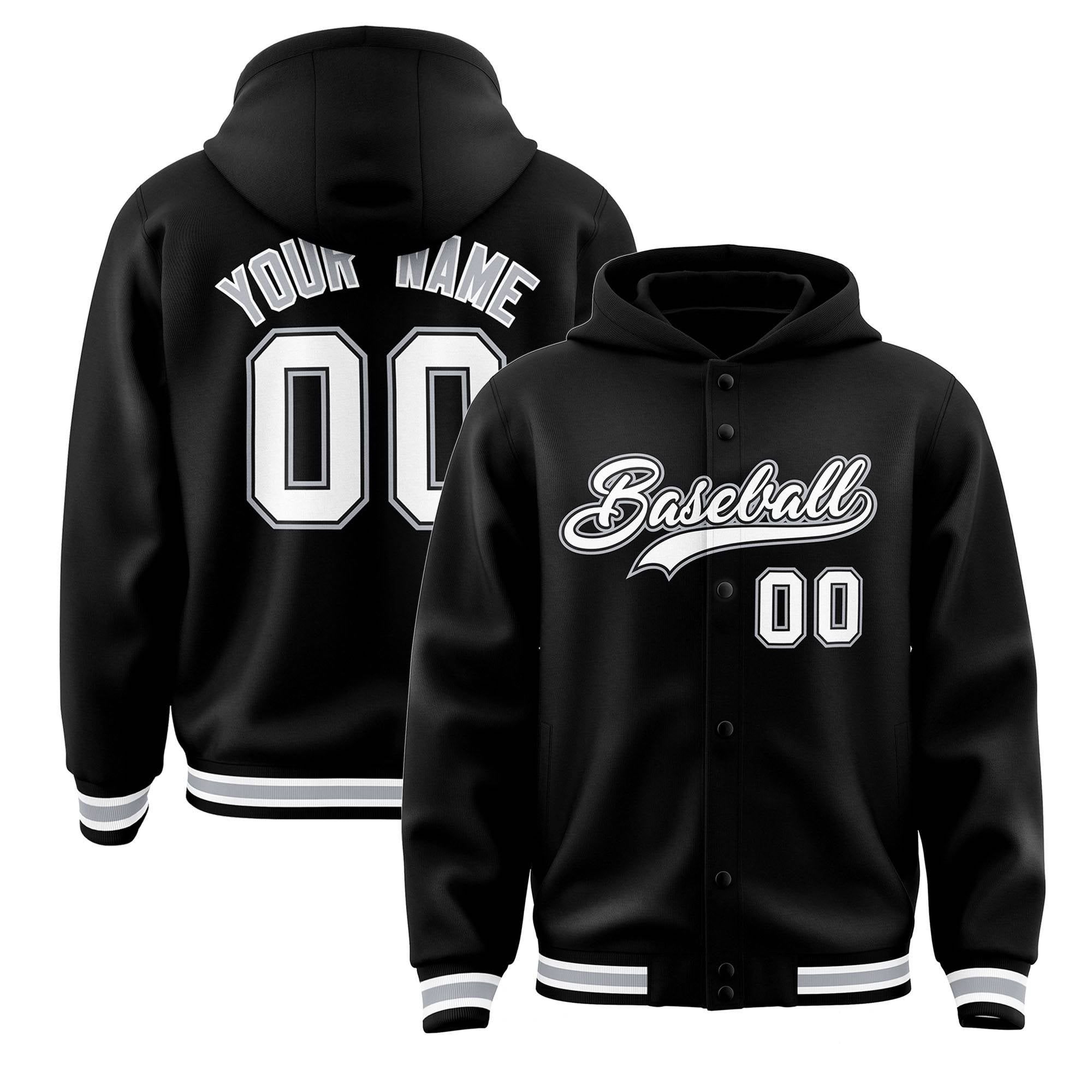 Custom Black White-Black Varsity Full-Snap Letterman Classic Jacket Hoodie| KXKSHOP