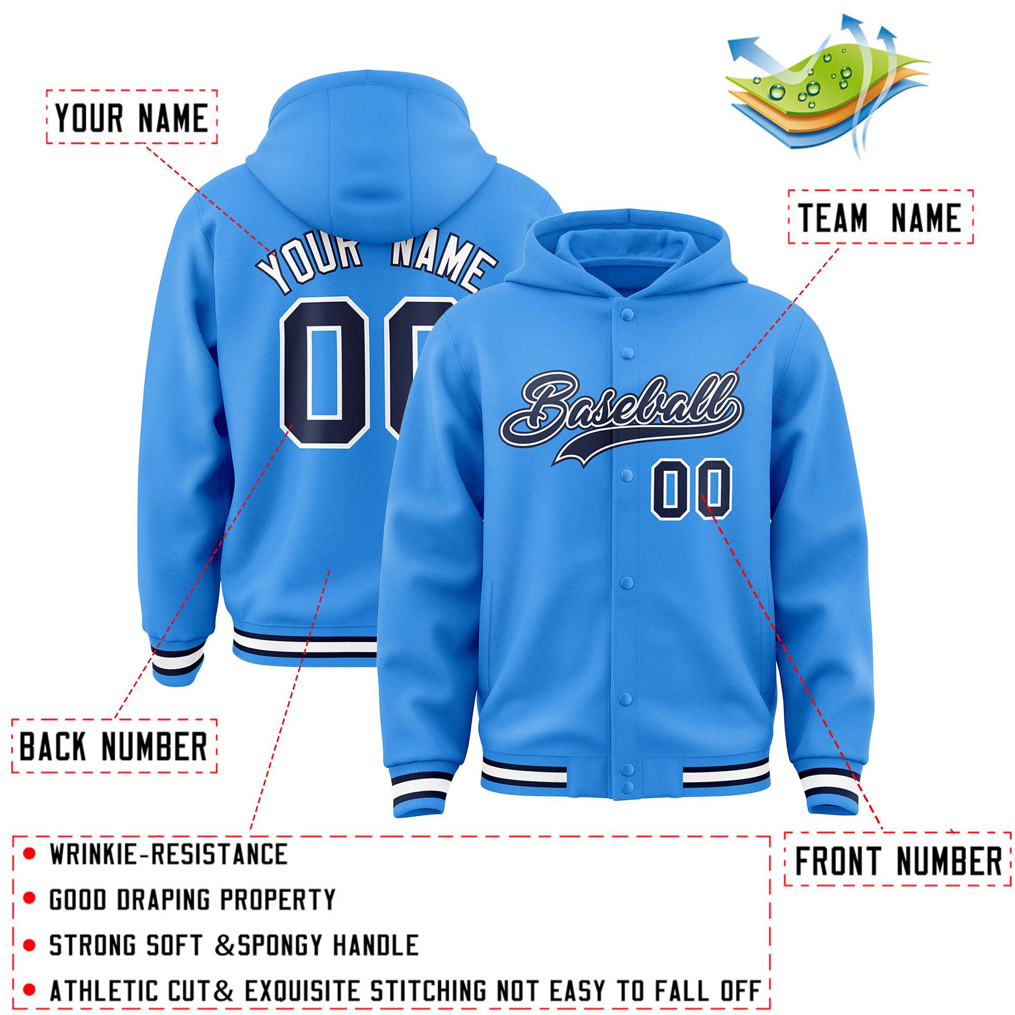 Custom Powder Blue Navy-White Varsity Full-Snap Letterman Classic Jacket Hoodie| KXKSHOP