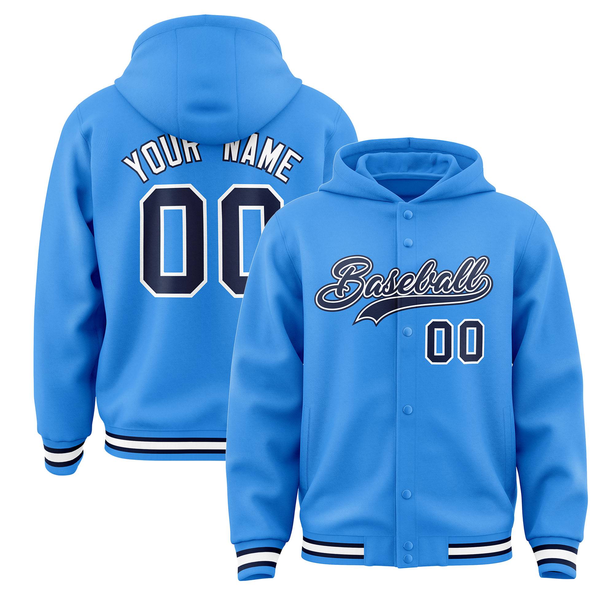 Custom Powder Blue Navy-White Varsity Full-Snap Letterman Classic Jacket Hoodie| KXKSHOP