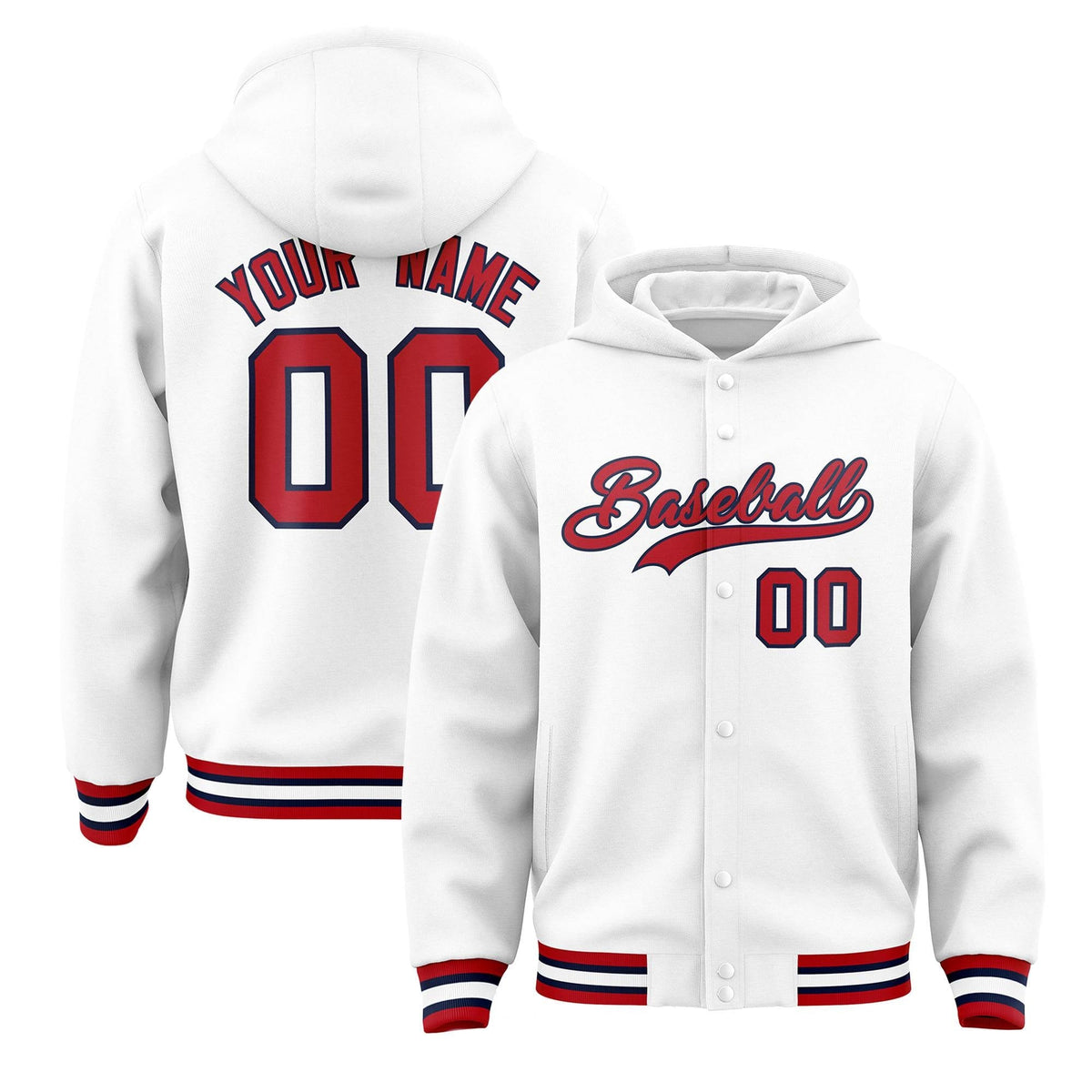 Custom White Red-Navy Varsity Full-Snap Letterman Classic Jacket Hoodie| KXKSHOP